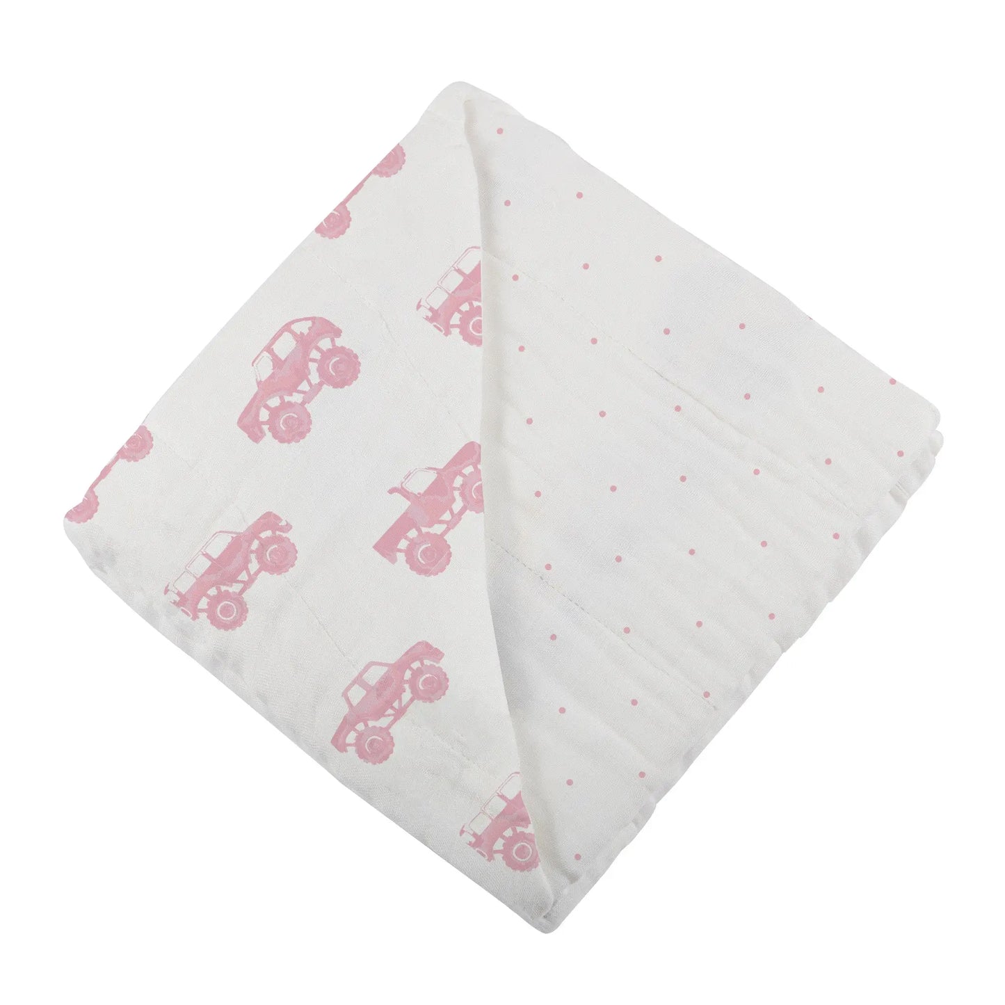 Pink Monster Trucks and Pink Polka Dot Bamboo Blanket 100 Percent Natural Muslin 47 Inch x 47 Inch Newcastle Classics