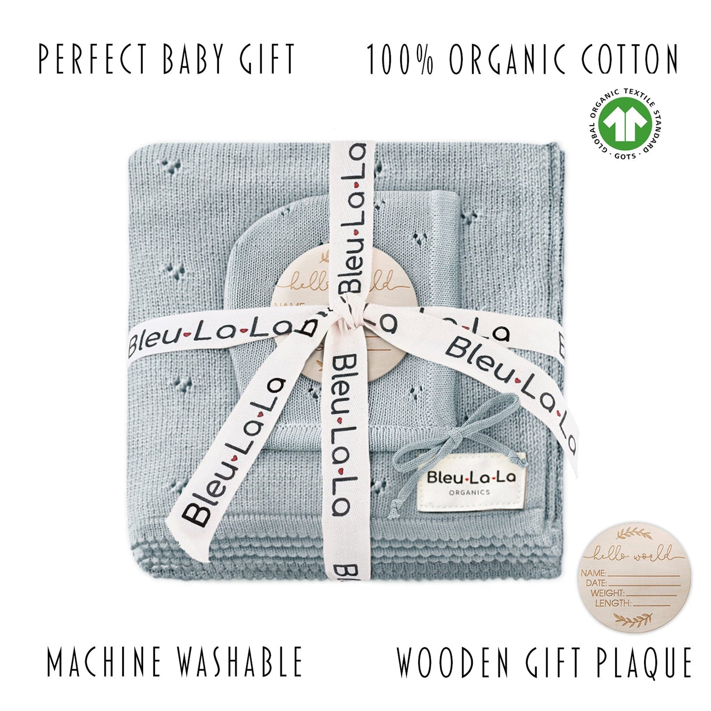 Organic Pointelle Swaddle Blanket and Hat Gift Set Bleu La La