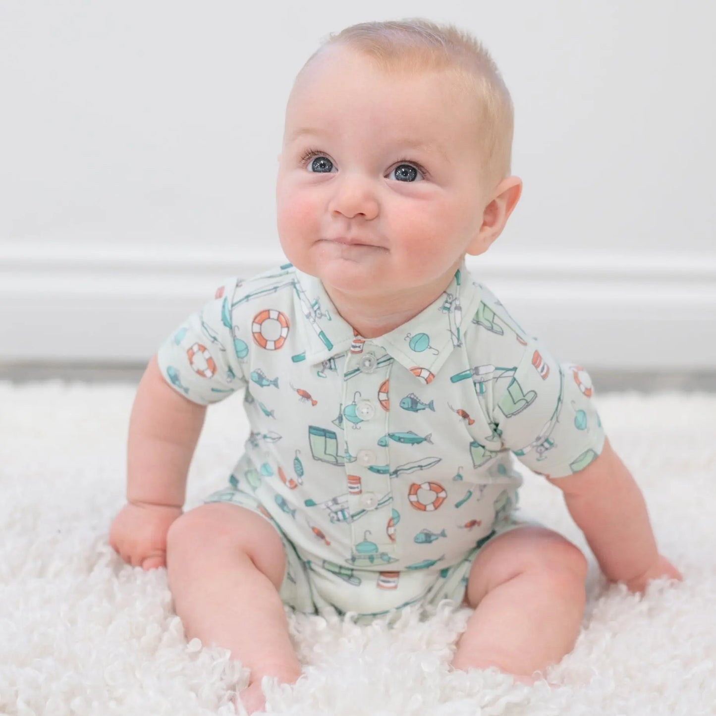 Fishing Poles Polo Romper for Boys Comfortable Short Sleeve Outfit Sweet Bamboo