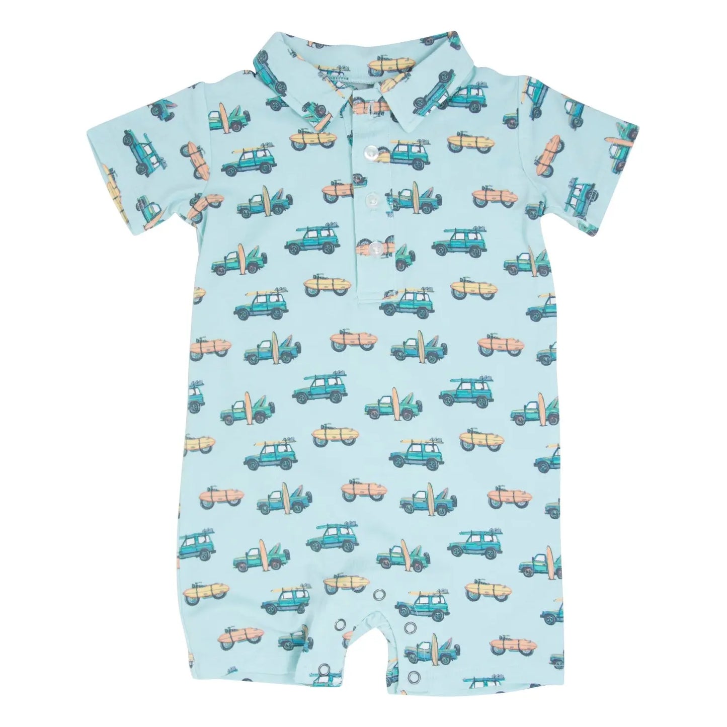 Surfing Beach Polo Romper for Boys with Short Sleeves and Snap Closure Sweet Bamboo