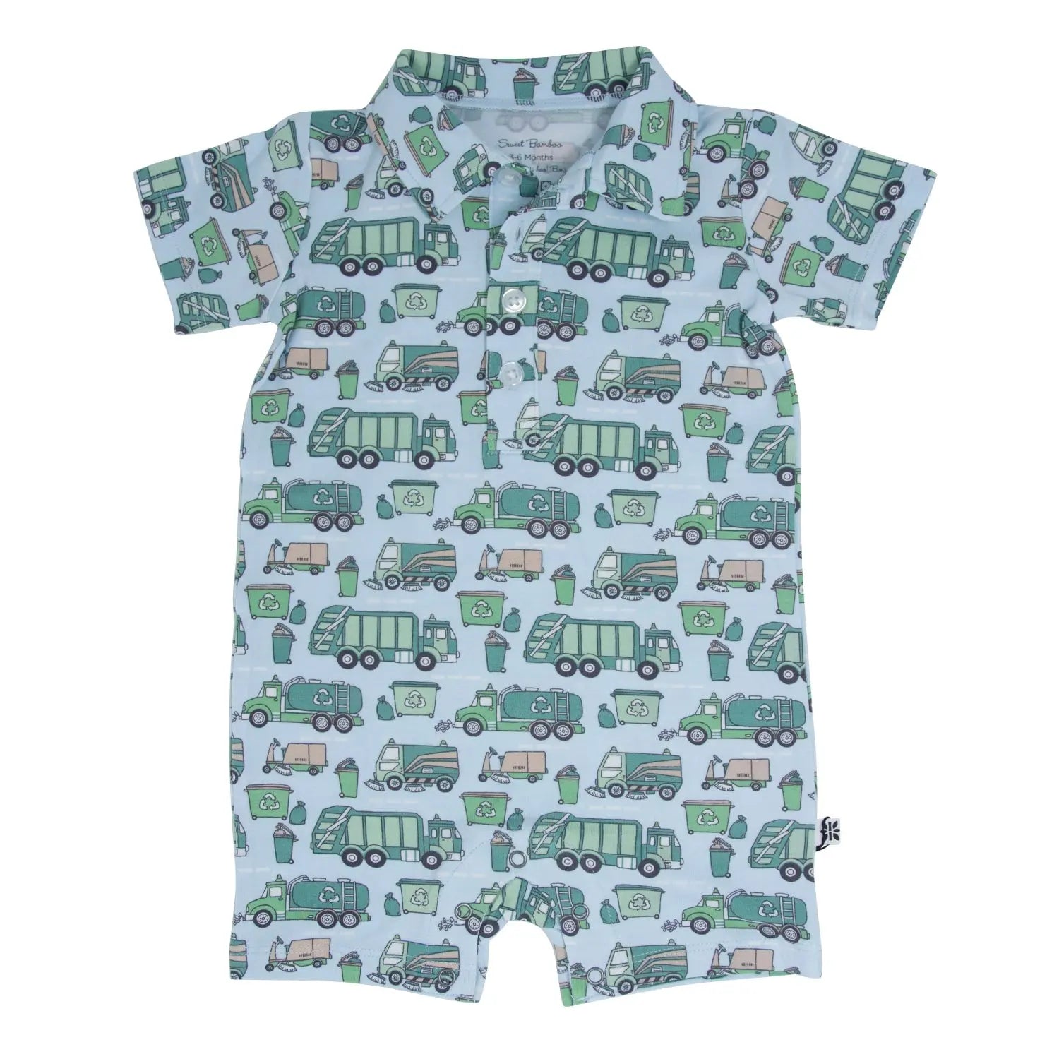Sweet Bamboo Garbage Trucks Recycle Polo Romper with Short Sleeves for Boys - Apparel & Accessories > Clothing > Baby & Toddler Clothing > Baby One-Pieces Rompers