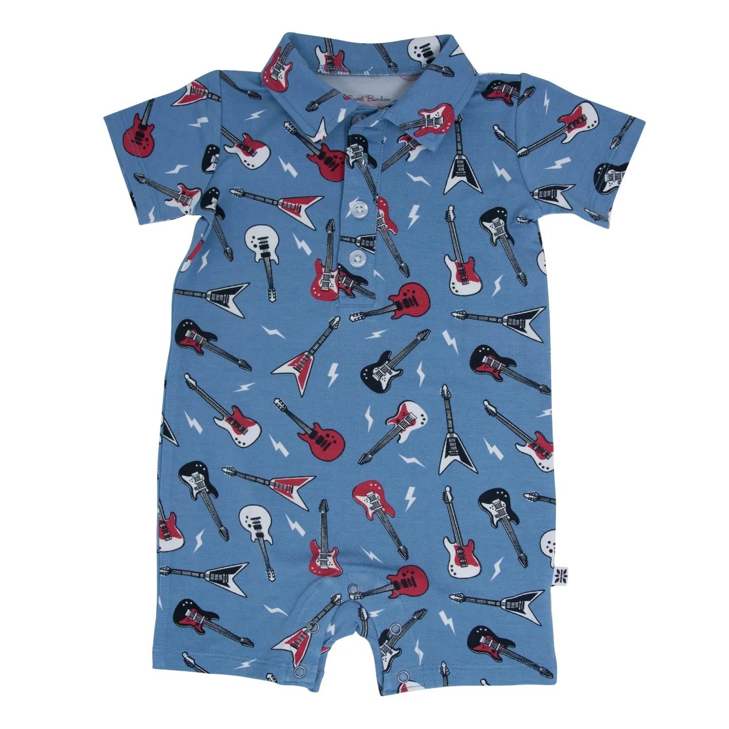 Sweet Bamboo Polo Romper Rock N Roll Blue with Short Sleeves for Active Boys - Apparel & Accessories > Clothing > Baby & Toddler Clothing > Baby One-Pieces Rompers