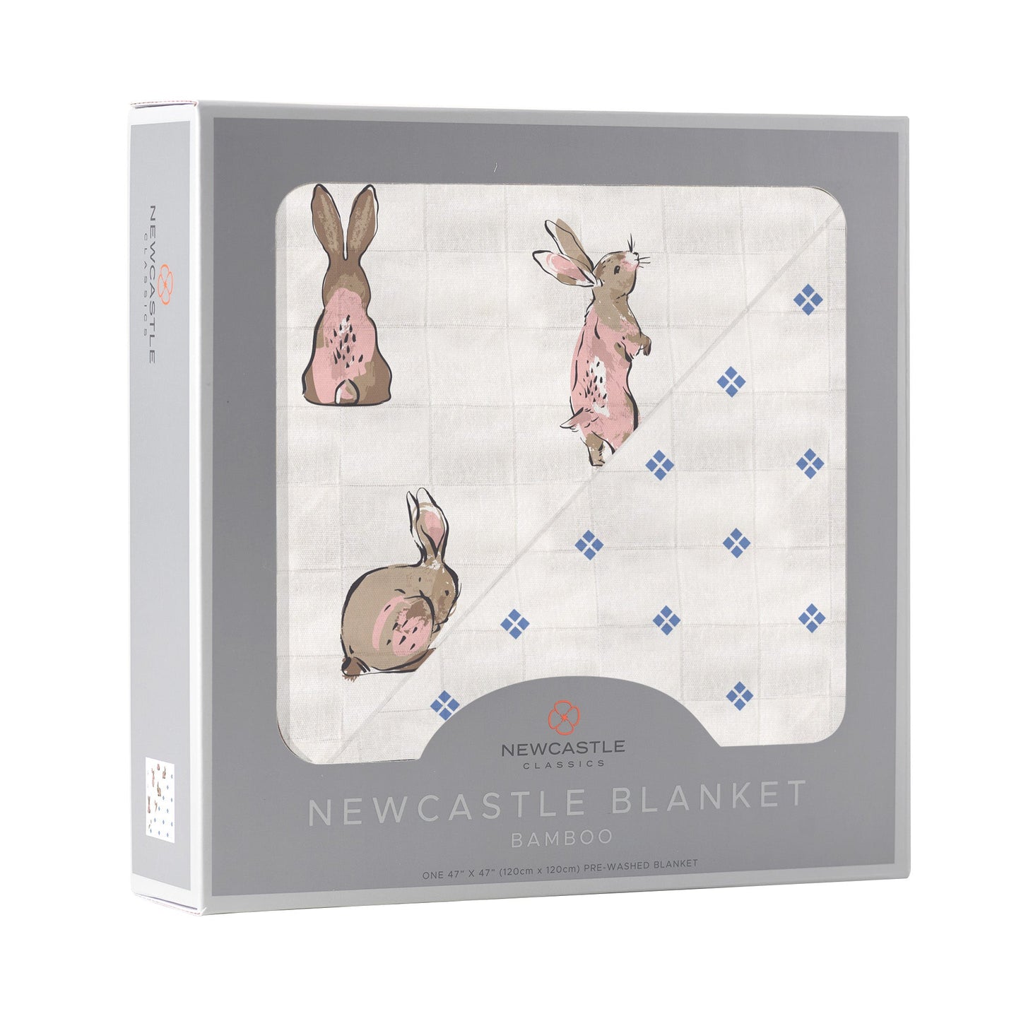 Powder Pink Bunnies and Periwinkle Diamond Polka Dot Bamboo Blanket 47 x 47 Inches Newcastle Classics