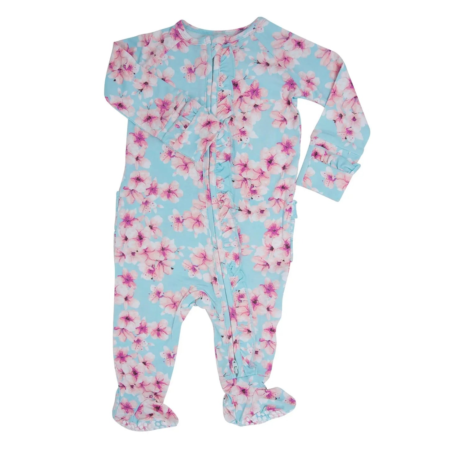 Pretty Pink Floral Ruffle Footie with Hypoallergenic Fabric and No Slip Grips Sweet Bamboo
