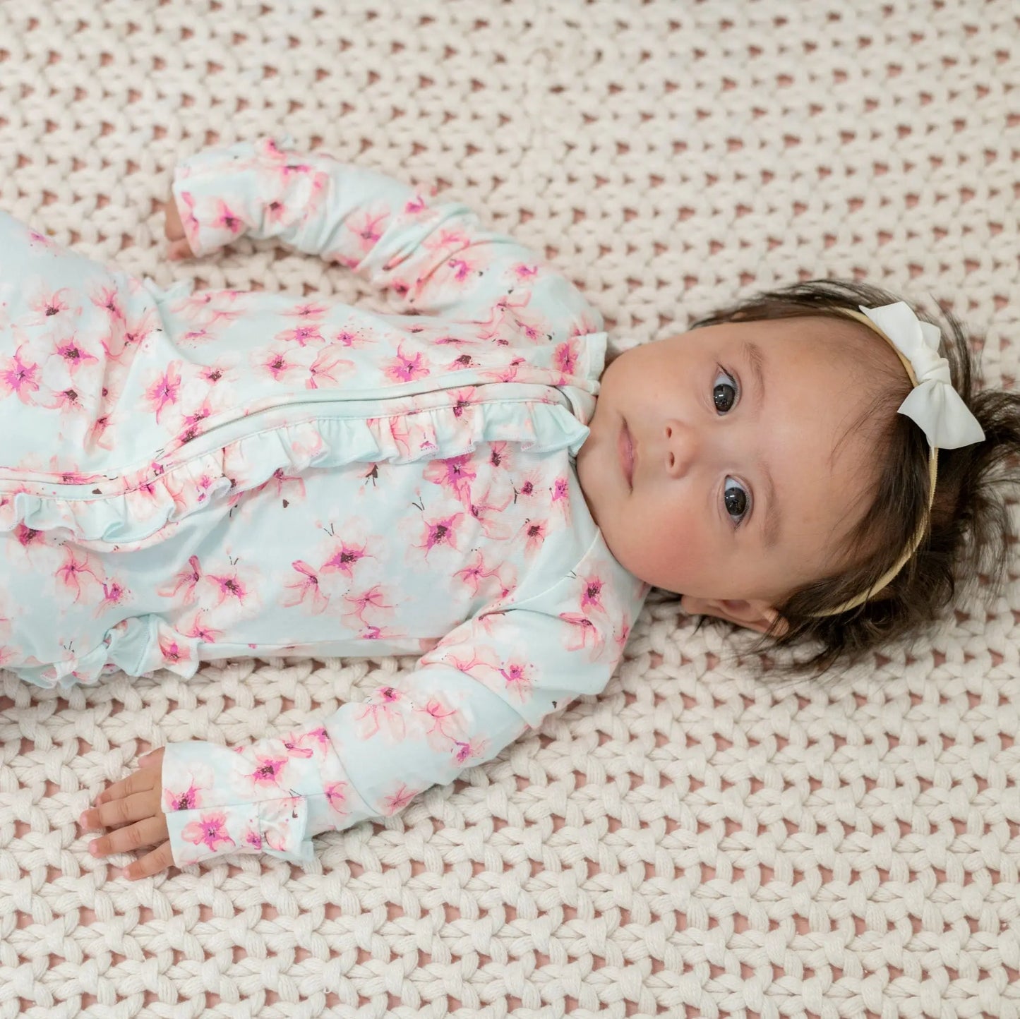 Pretty Pink Floral Ruffle Footie with Hypoallergenic Fabric and No Slip Grips Sweet Bamboo