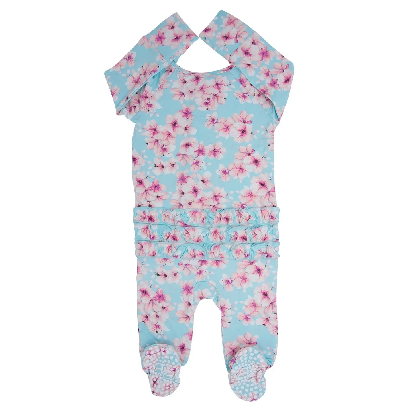 Pretty Pink Floral Ruffle Footie with Hypoallergenic Fabric and No Slip Grips Sweet Bamboo