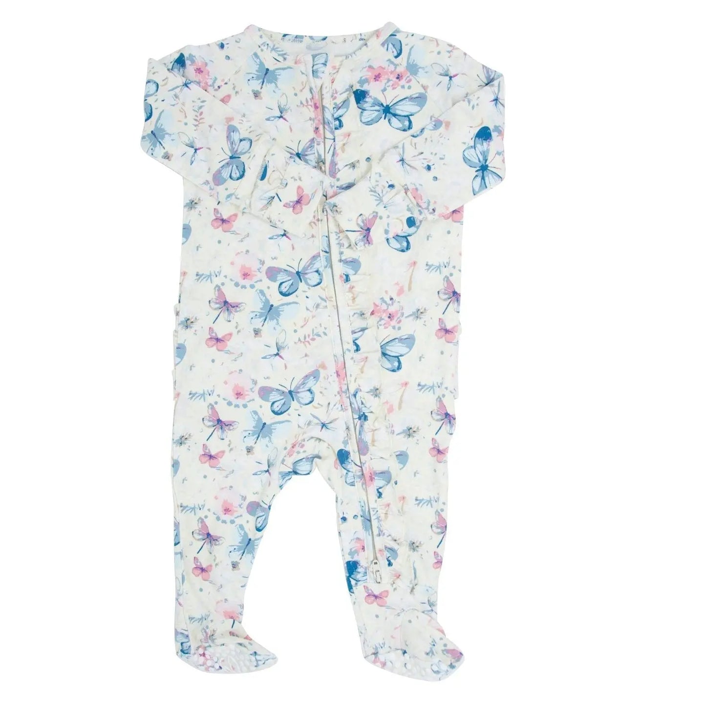 Watercolor Butterfly Ruffle Baby Footie With 2 Way Zipper And No Slip Grips Sweet Bamboo