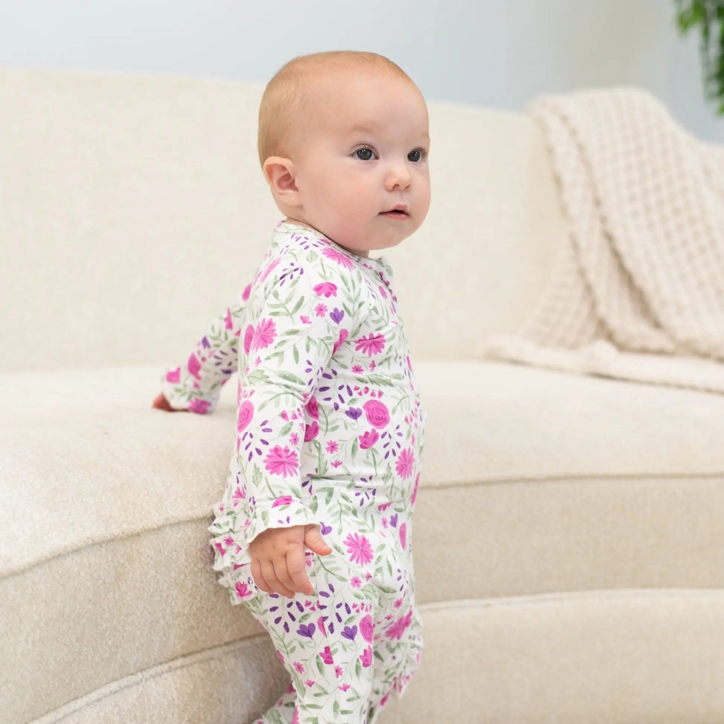 Sweet Purple Flowers Ruffle Footie for Baby Girls with 2 Way Zipper and No Slip Grips Sweet Bamboo