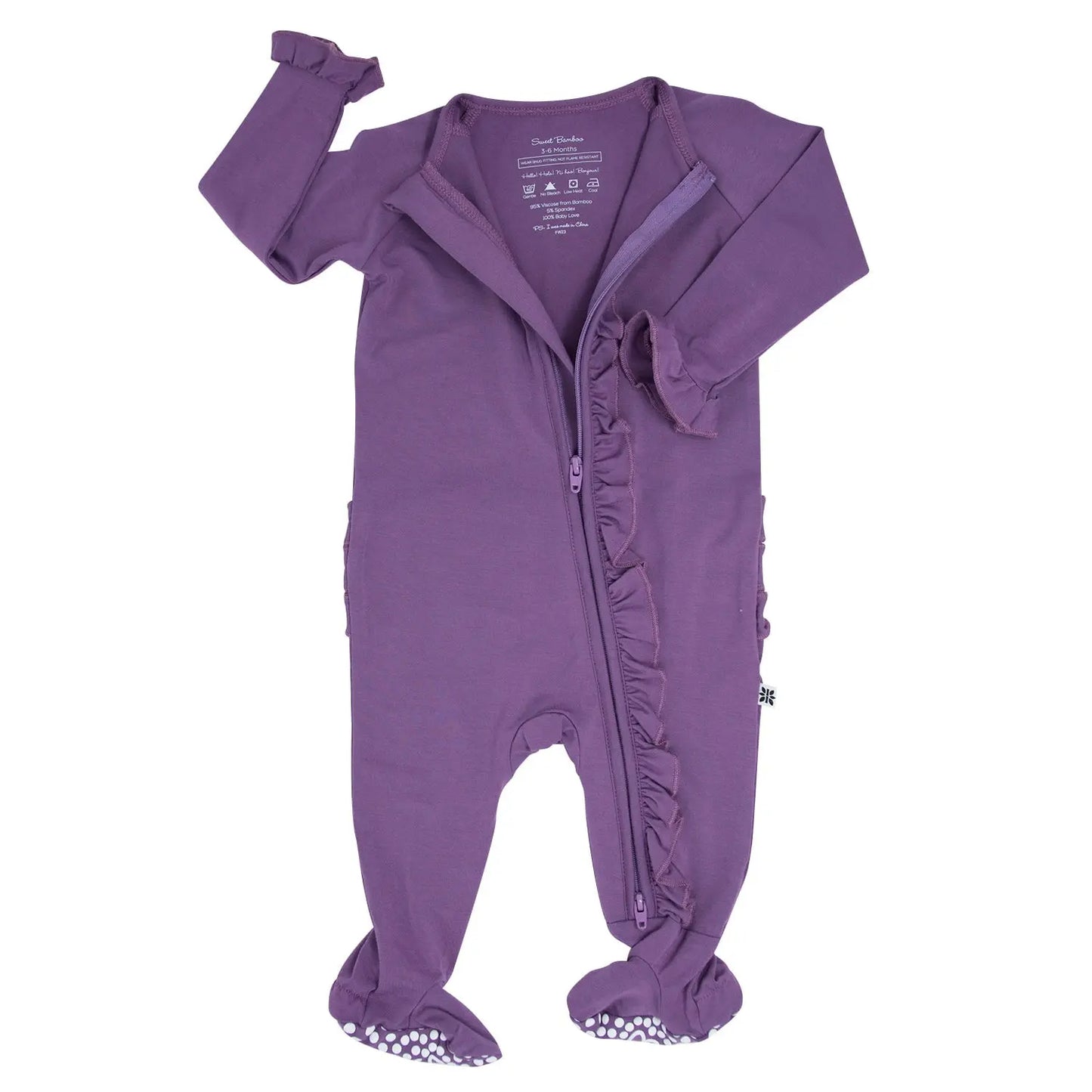Deep Purple Ruffle Footie with Hypoallergenic Fabric and No Slip Grips Sweet Bamboo