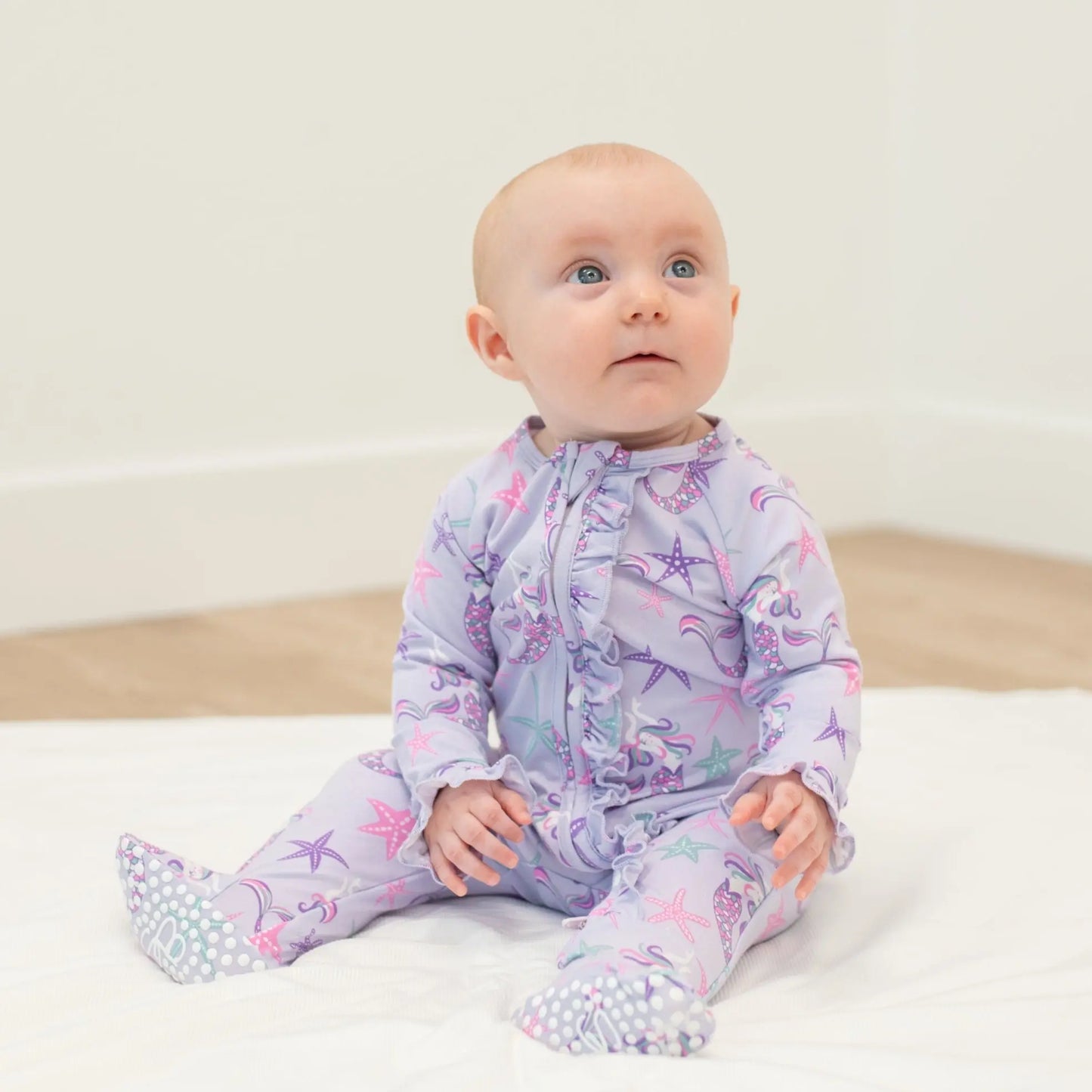 Ruffle Footie with 2 Way Zipper and No Slip Grips for Babies Sweet Bamboo
