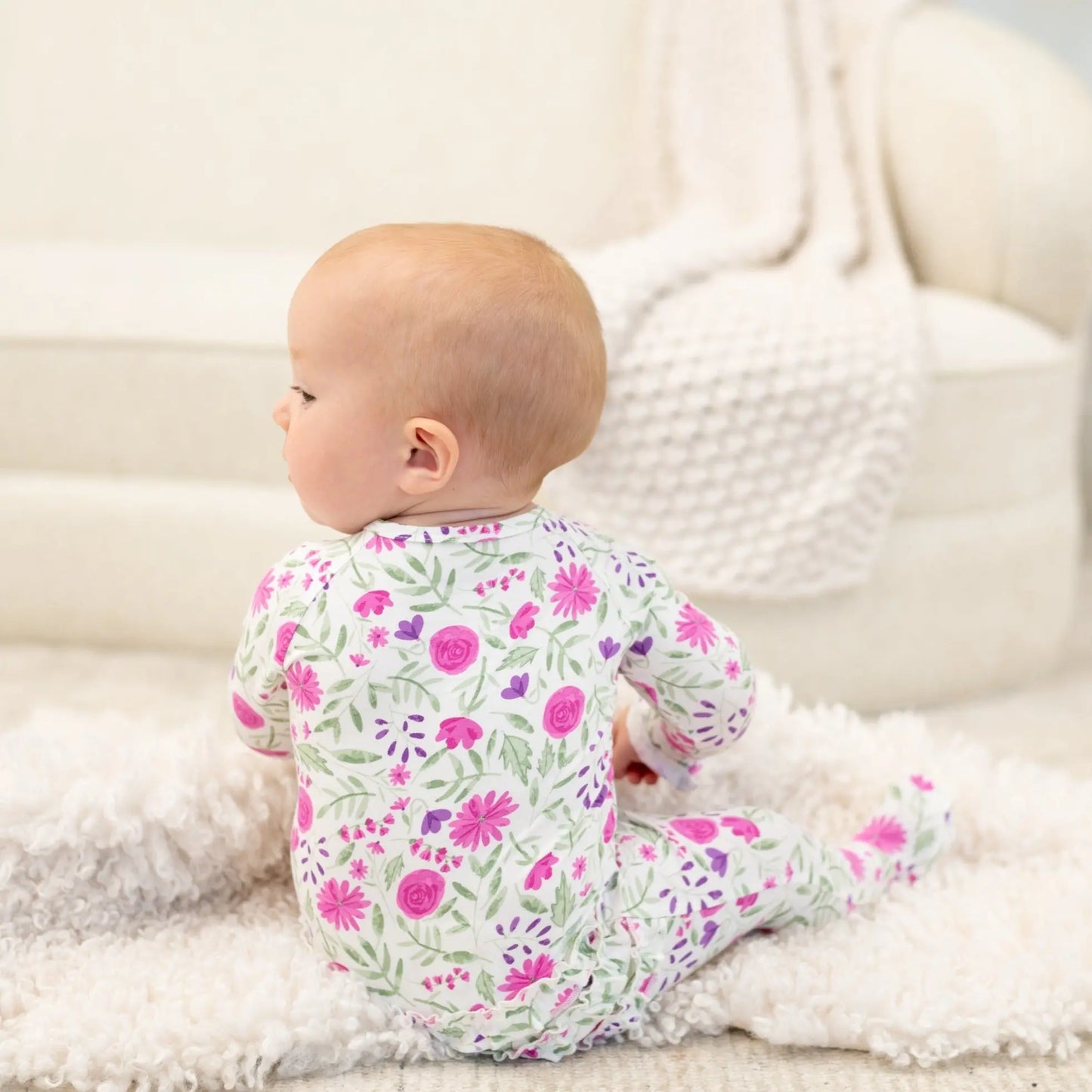 Sweet Purple Flowers Ruffle Footie for Baby Girls with 2 Way Zipper and No Slip Grips Sweet Bamboo