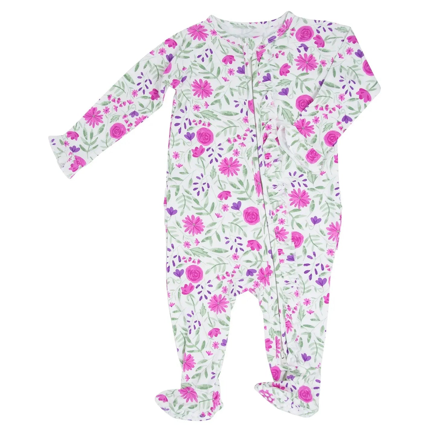 Sweet Purple Flowers Ruffle Footie for Baby Girls with 2 Way Zipper and No Slip Grips Sweet Bamboo
