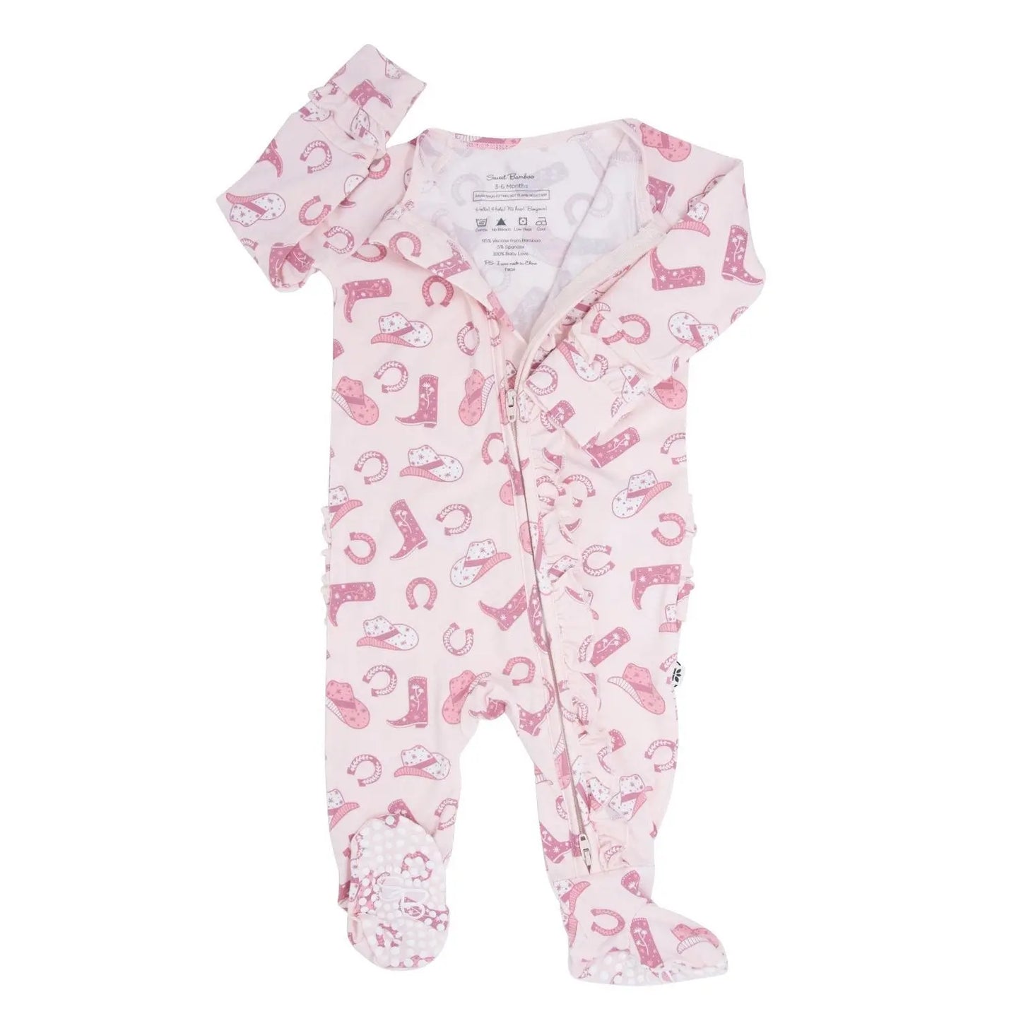 Pink Western Ruffle Baby Footie with Two Way Zipper and No Slip Grips Sweet Bamboo