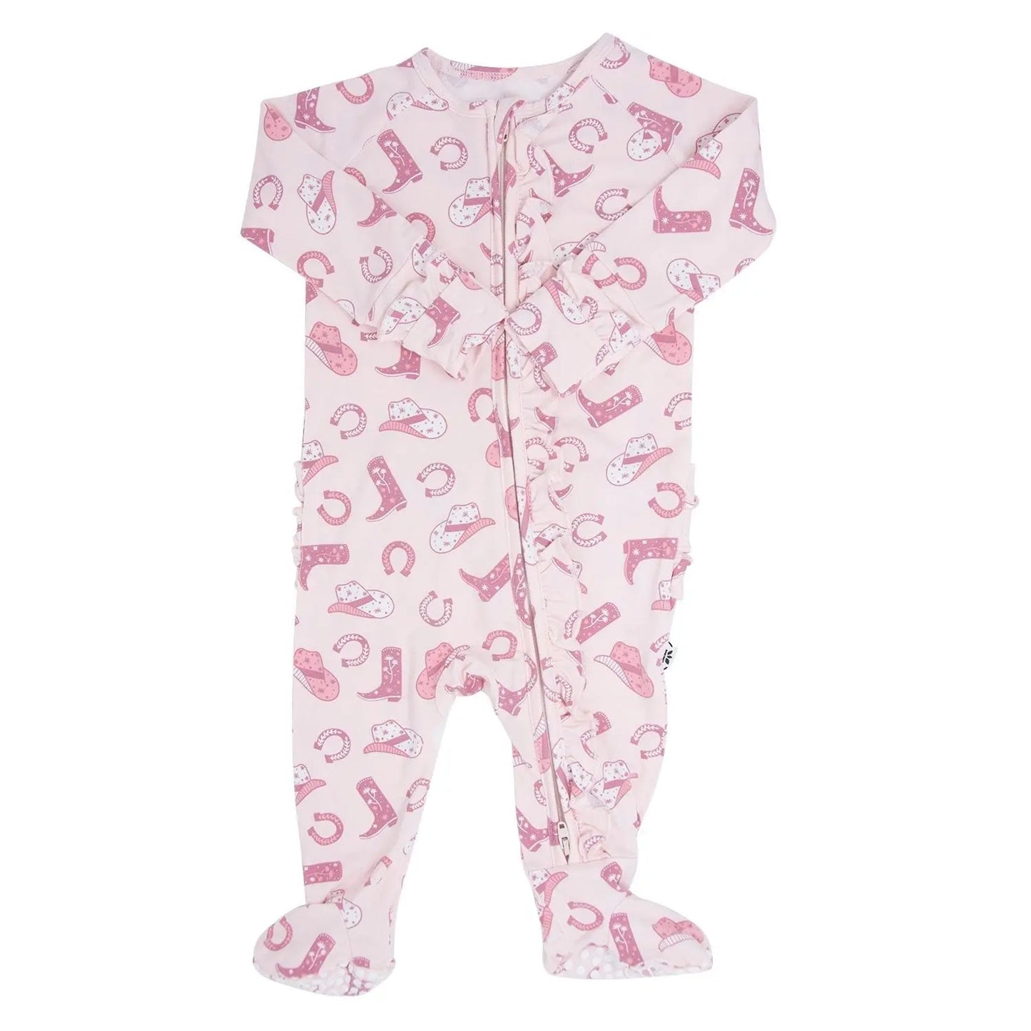 Pink Western Ruffle Baby Footie with Two Way Zipper and No Slip Grips Sweet Bamboo