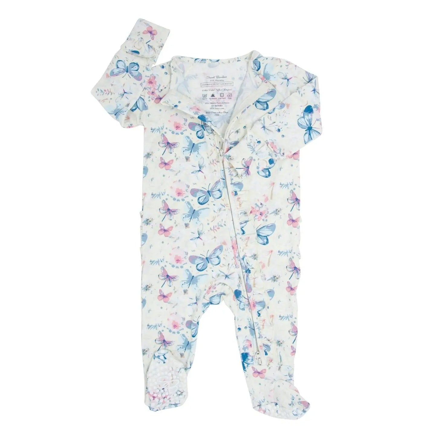 Watercolor Butterfly Ruffle Baby Footie With 2 Way Zipper And No Slip Grips Sweet Bamboo