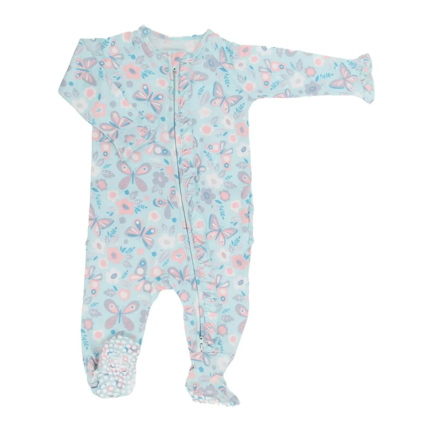 Ruffle Footie With 2 Way Zipper And No Slip Grips For Babies Sweet Bamboo