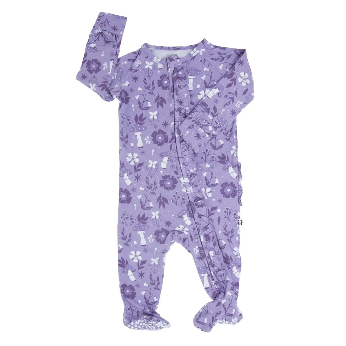 Mushroom Floral Ruffle Footie with Two Way Zipper and No Slip Grips Sweet Bamboo
