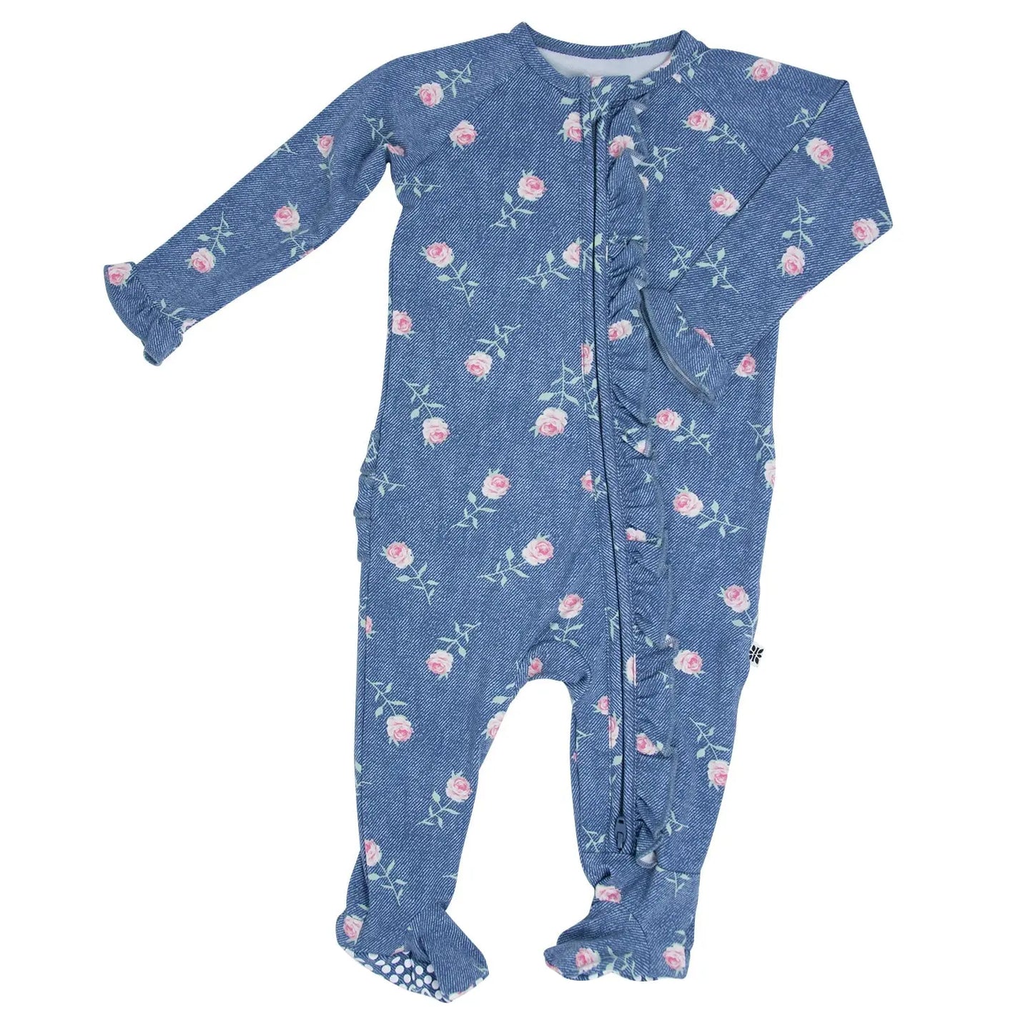 Ruffle Footie with 2 Way Zipper and No Slip Grips for Kids Sweet Bamboo