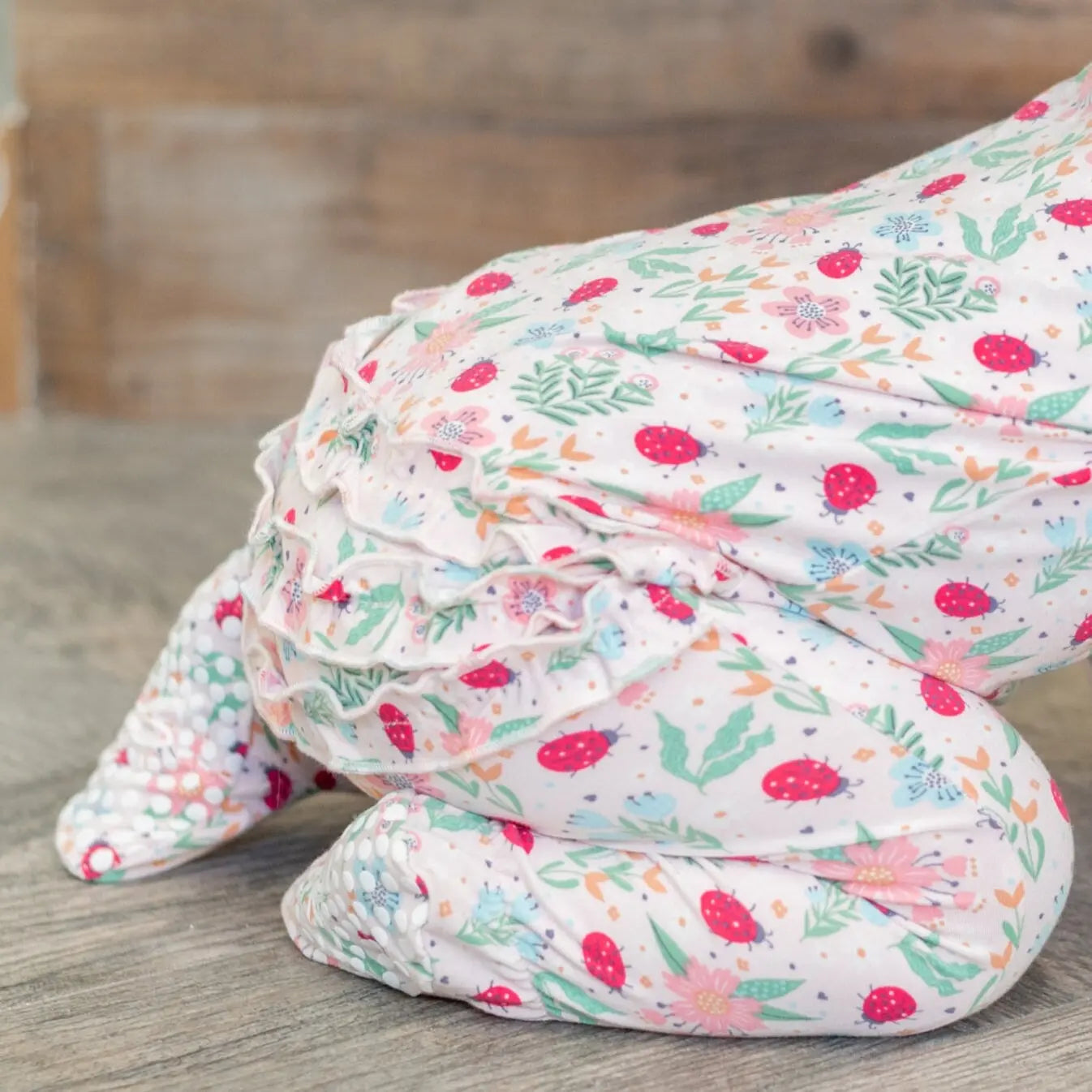 Ladybug Flower Garden Ruffle Baby Footie with Two Way Zipper and Non Slip Grips Sweet Bamboo
