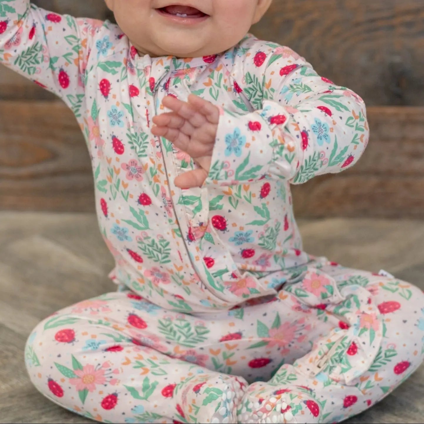 Ladybug Flower Garden Ruffle Baby Footie with Two Way Zipper and Non Slip Grips Sweet Bamboo