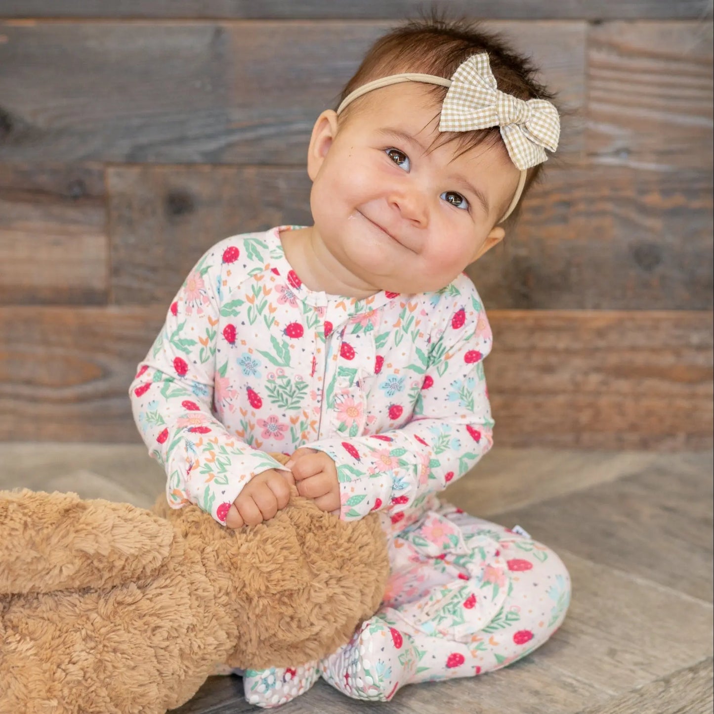 Ladybug Flower Garden Ruffle Baby Footie with Two Way Zipper and Non Slip Grips Sweet Bamboo