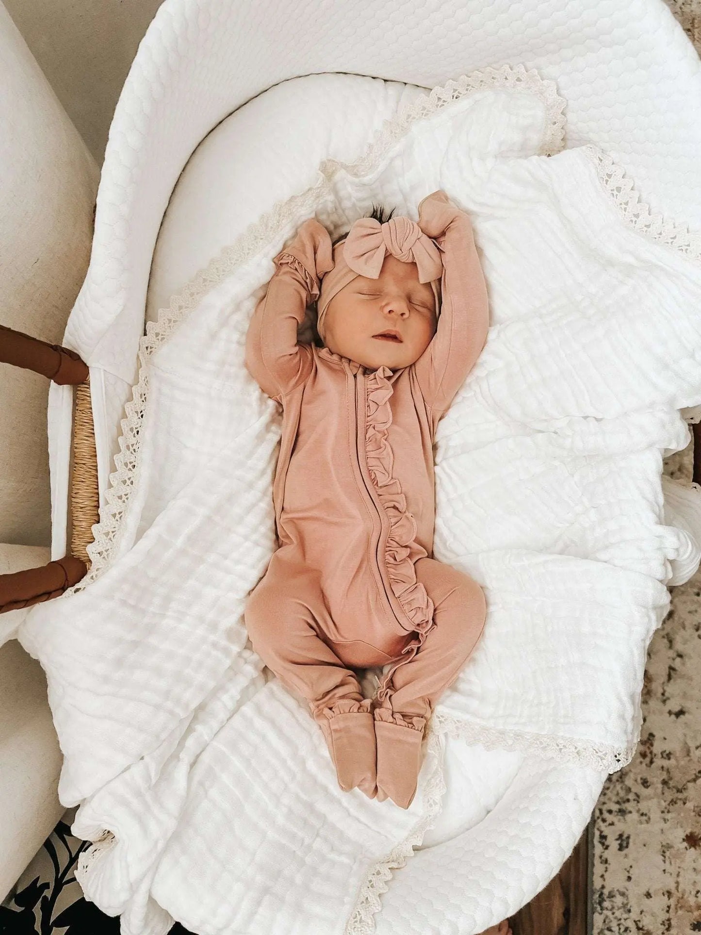 Ruffle Zipper One Piece Dusty Pink Bamboo Baby Outfit Harp Angel Boutique