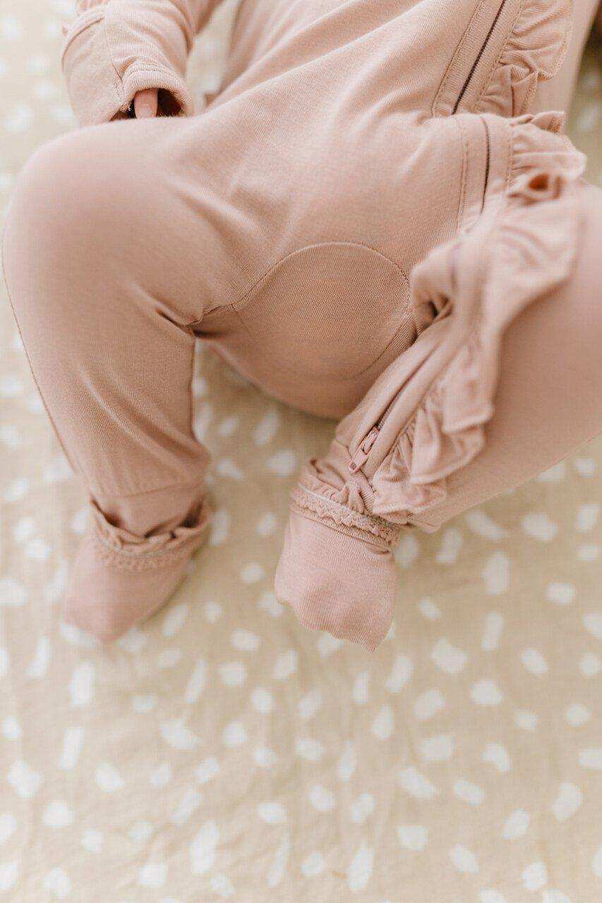 Ruffle Zipper One Piece Dusty Pink Bamboo Baby Outfit Harp Angel Boutique