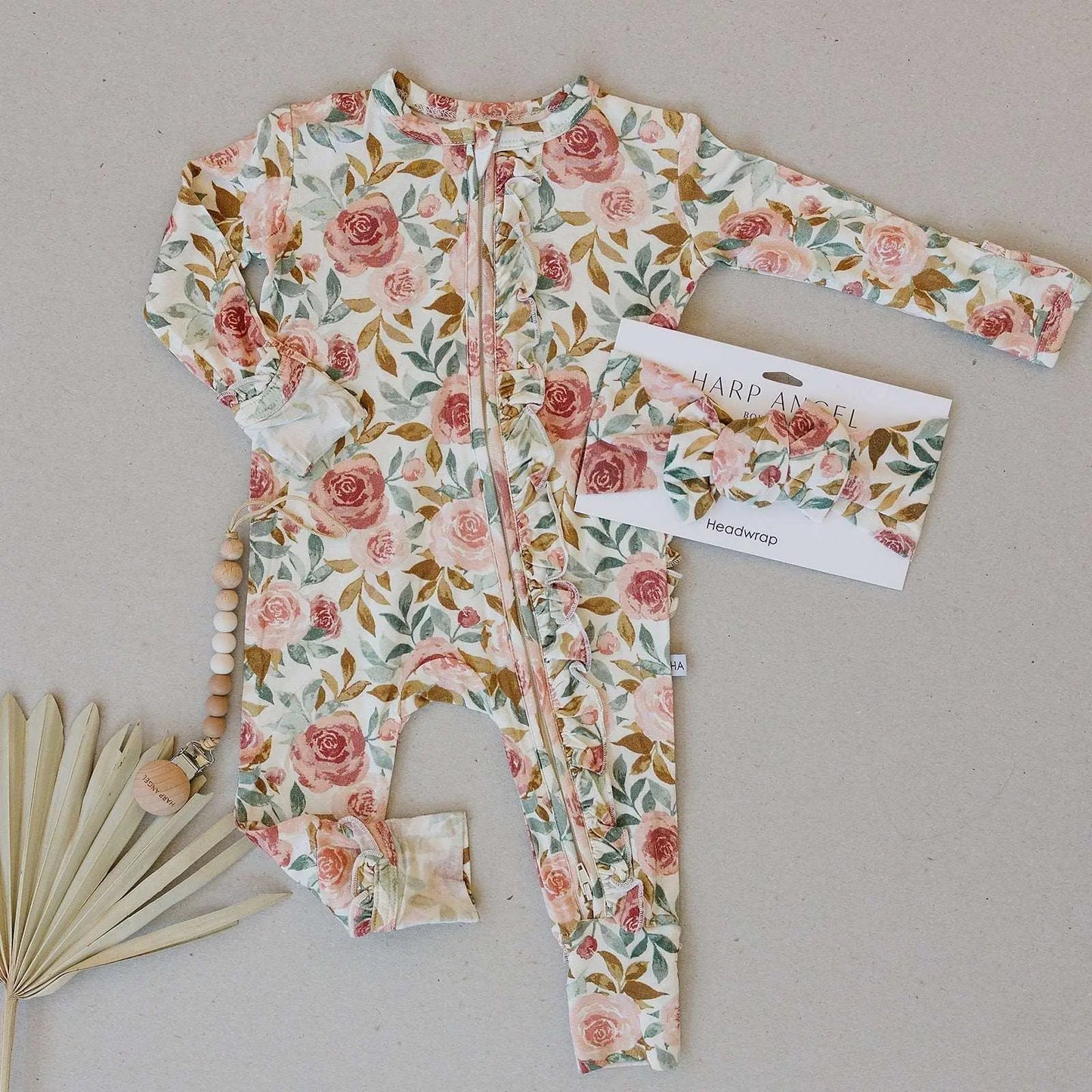 Ruffle Zipper One Piece Dusty Pink Floral Baby Outfit Harp Angel Boutique