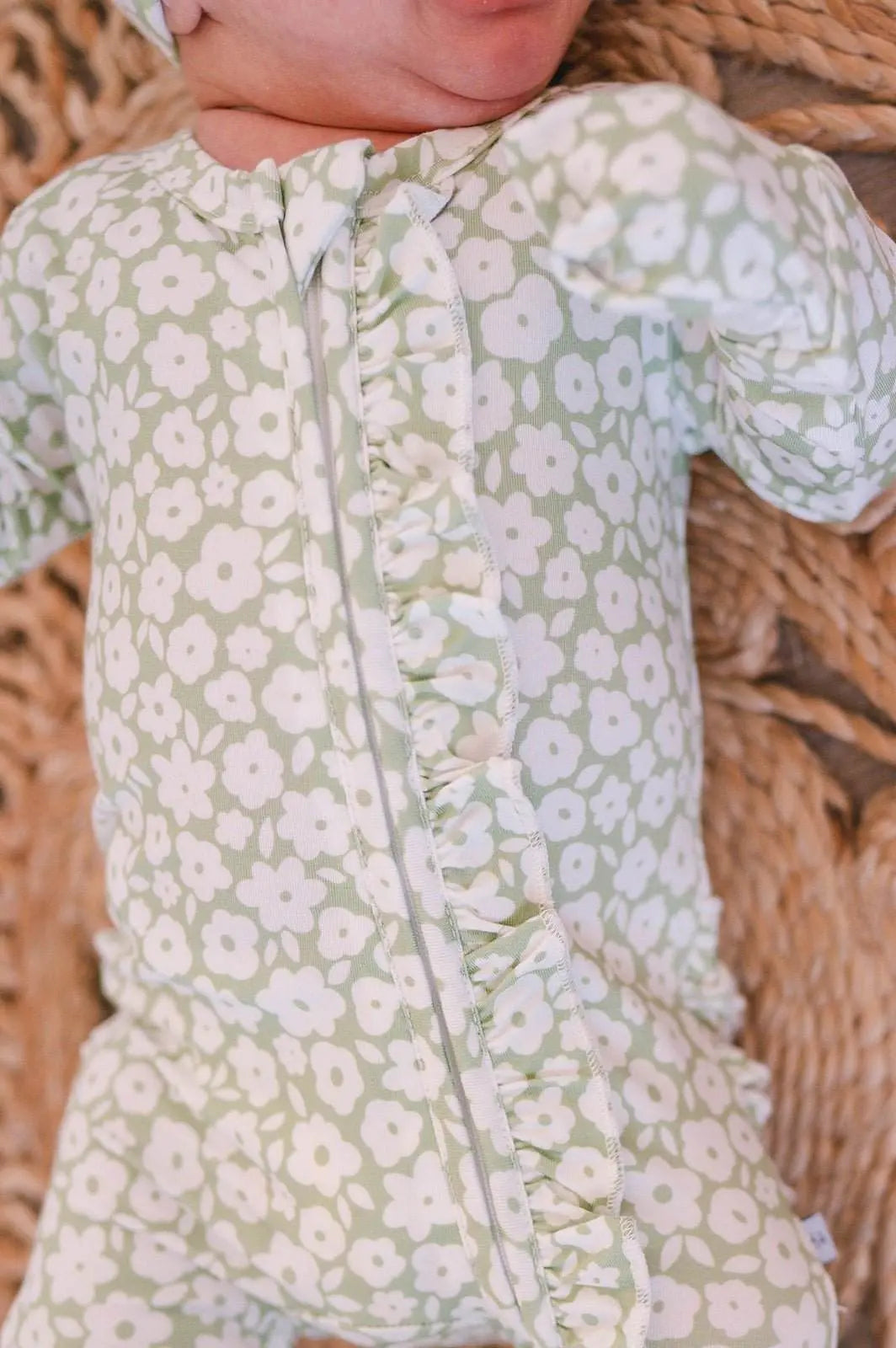 Ruffle Zipper One Piece Pajamas Sage Ditsy Floral for Baby Harp Angel Boutique