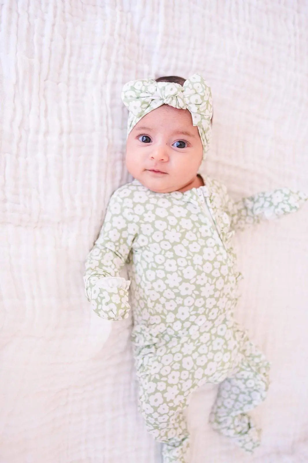 Ruffle Zipper One Piece Pajamas Sage Ditsy Floral for Baby Harp Angel Boutique