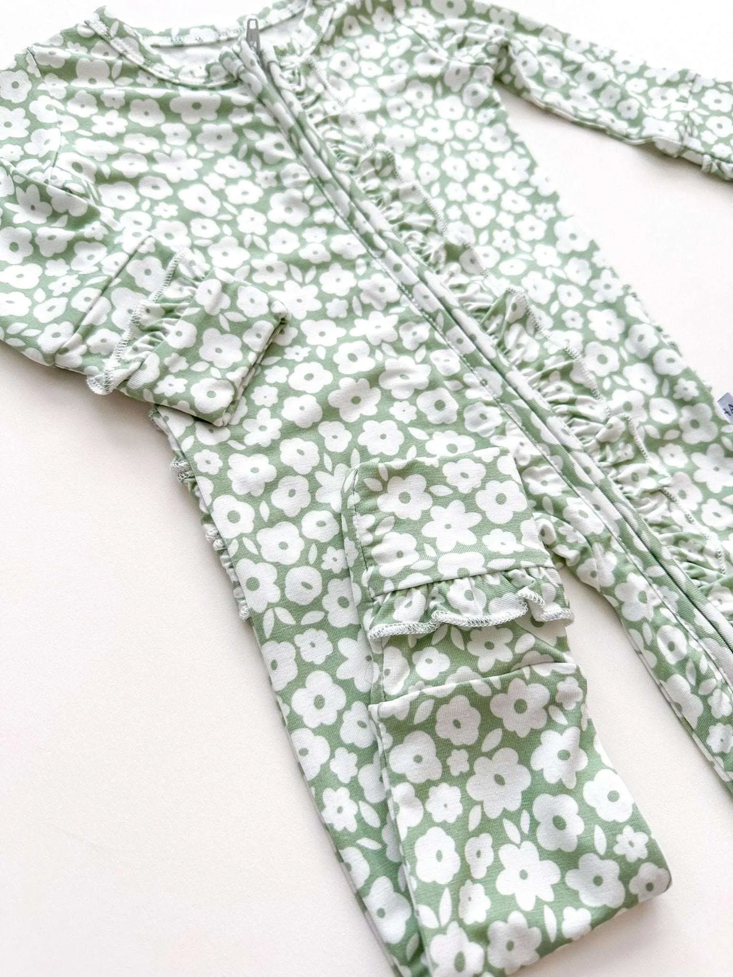 Ruffle Zipper One Piece Pajamas Sage Ditsy Floral for Baby Harp Angel Boutique