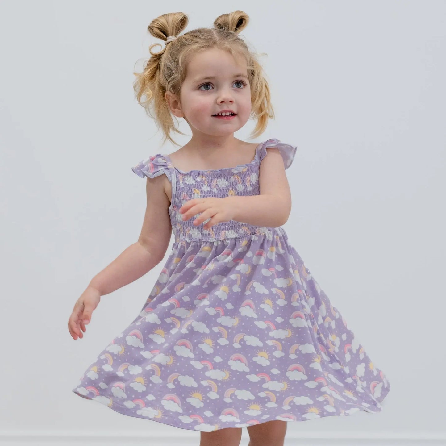 Lavender Rainbows And Clouds Smocked Vintage Dress For Baby Sweet Bamboo