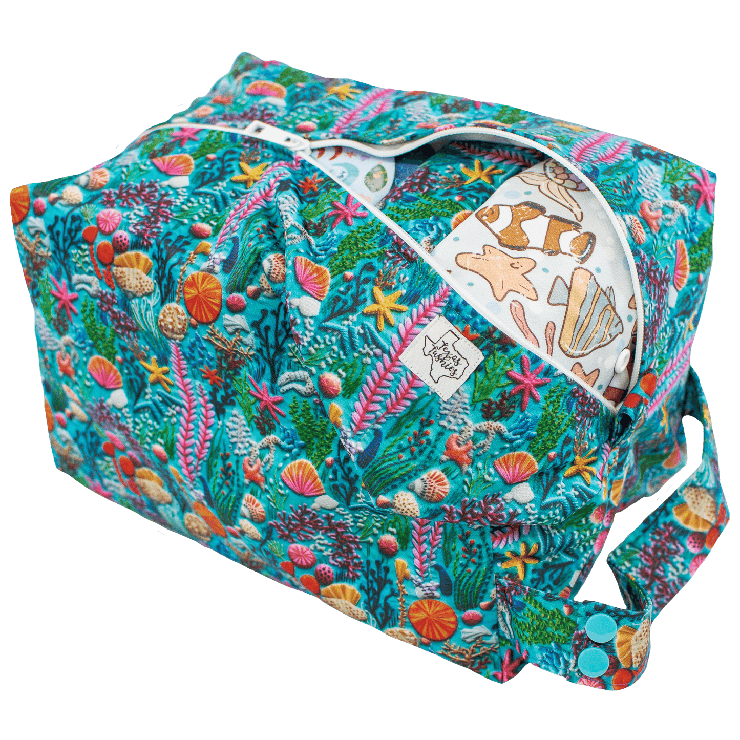 Sea Embroidery Diaper Pod for 8 to 12 Diapers with Zipper and Snap Handle Texas Tushies