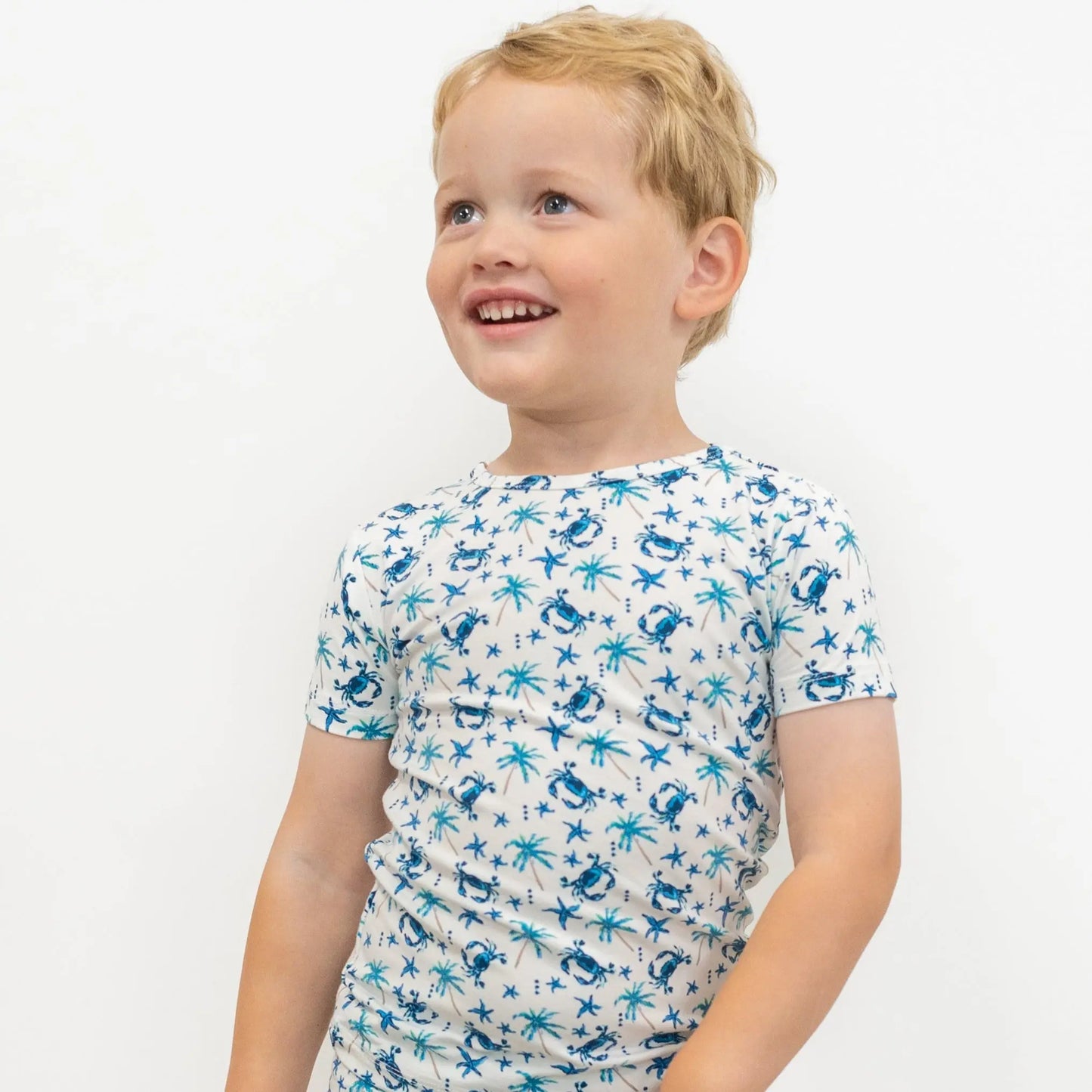 Blue Crabs Summer Pajama Set for Kids Lightweight Short Sleeve Two Piece Outfit Sweet Bamboo