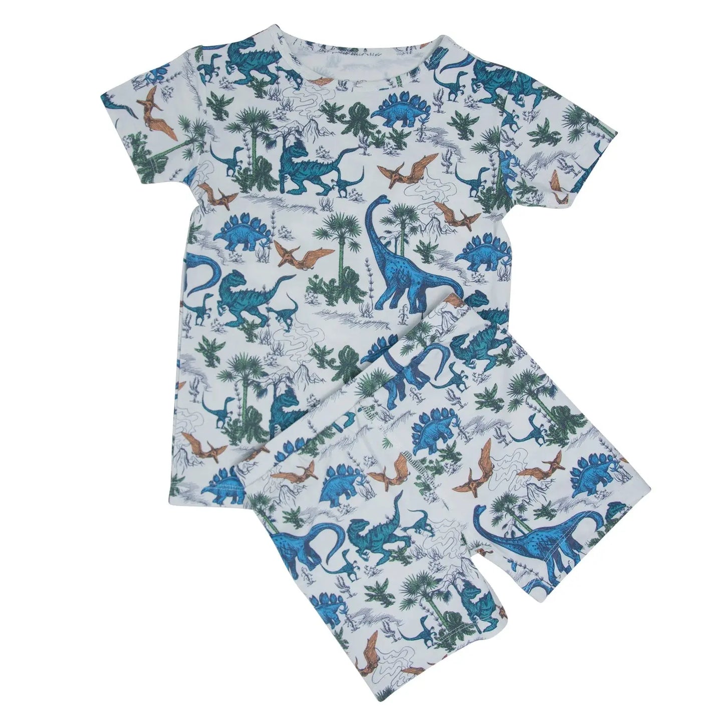 Dinosaur Adventures Summer Pajama Set for Kids Lightweight Short Sleeve Two Piece Outfit Sweet Bamboo