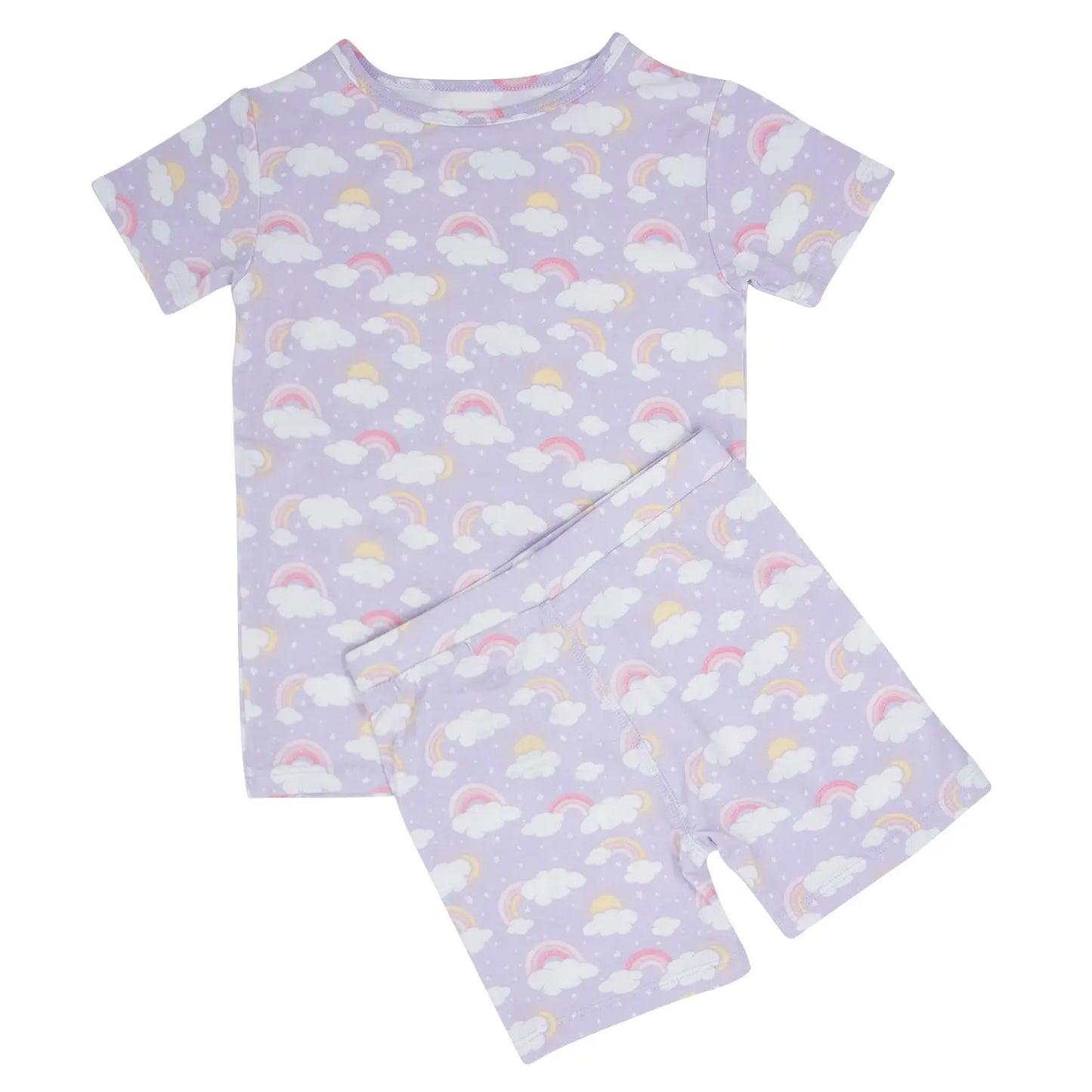 Lavender Rainbows and Clouds Summer Pajama Set for Kids Sweet Bamboo