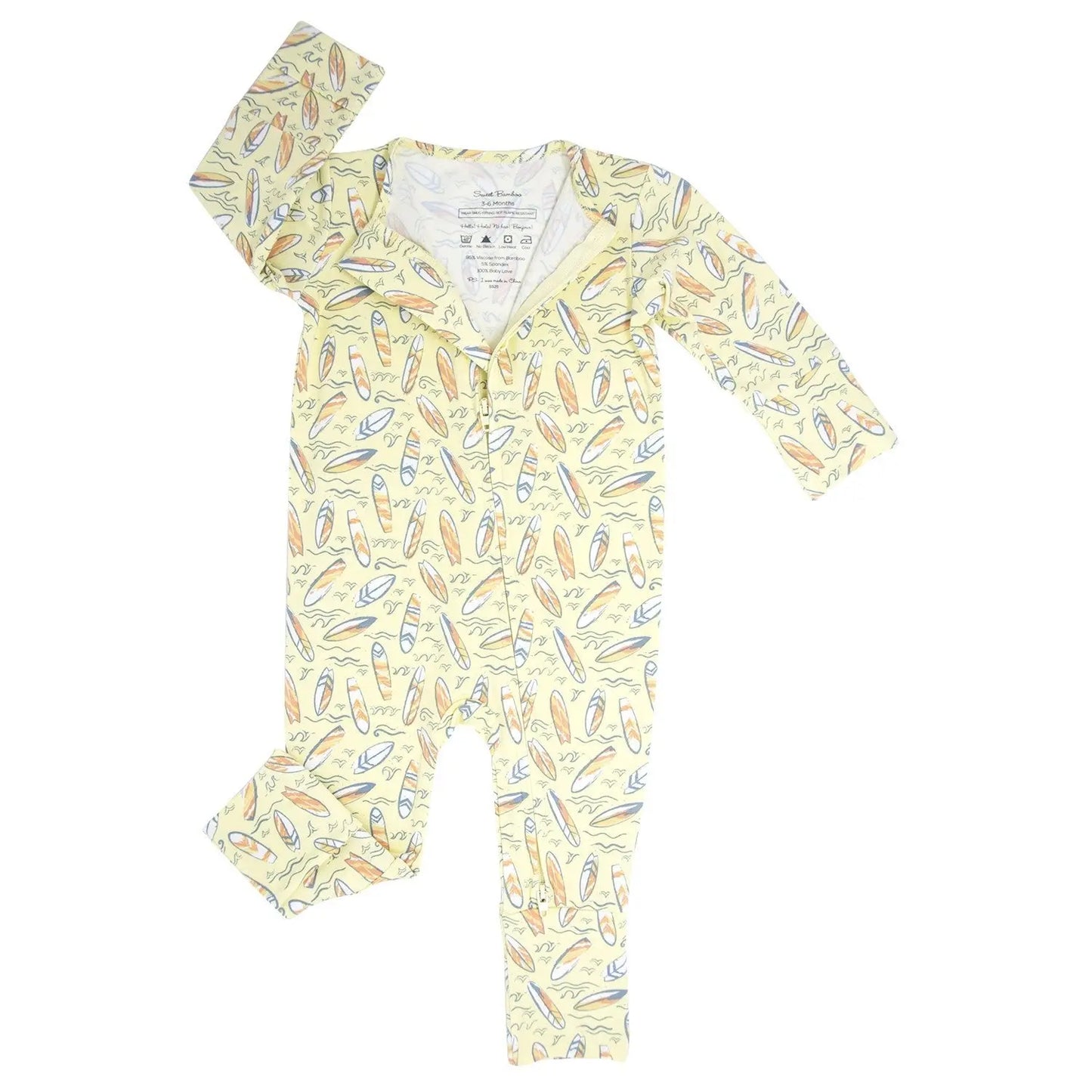 Surfboard Waves Convertible Baby Romper with Two Way Zip and Fold Over Legs Sweet Bamboo