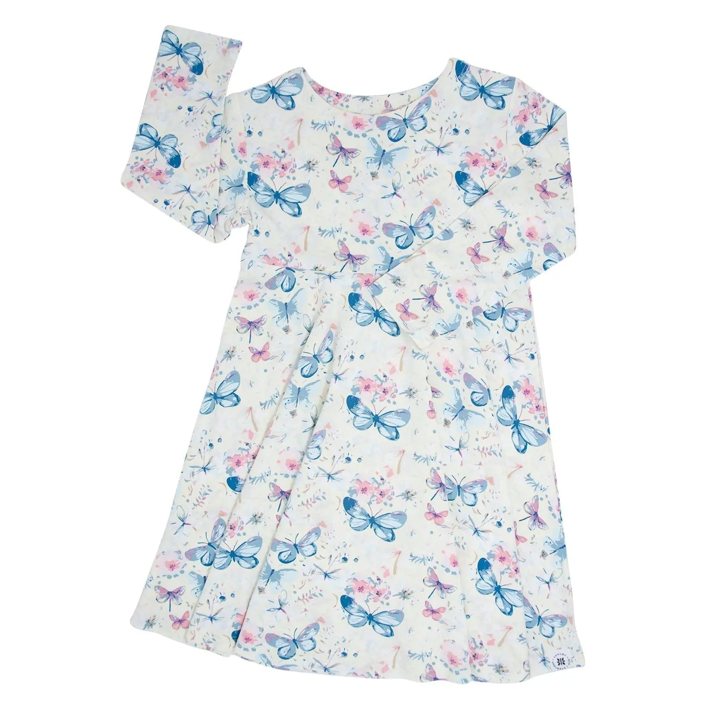 Watercolor Butterfly Swirly Girl Dress Knee Length Long Sleeve Empire Waistline Sweet Bamboo