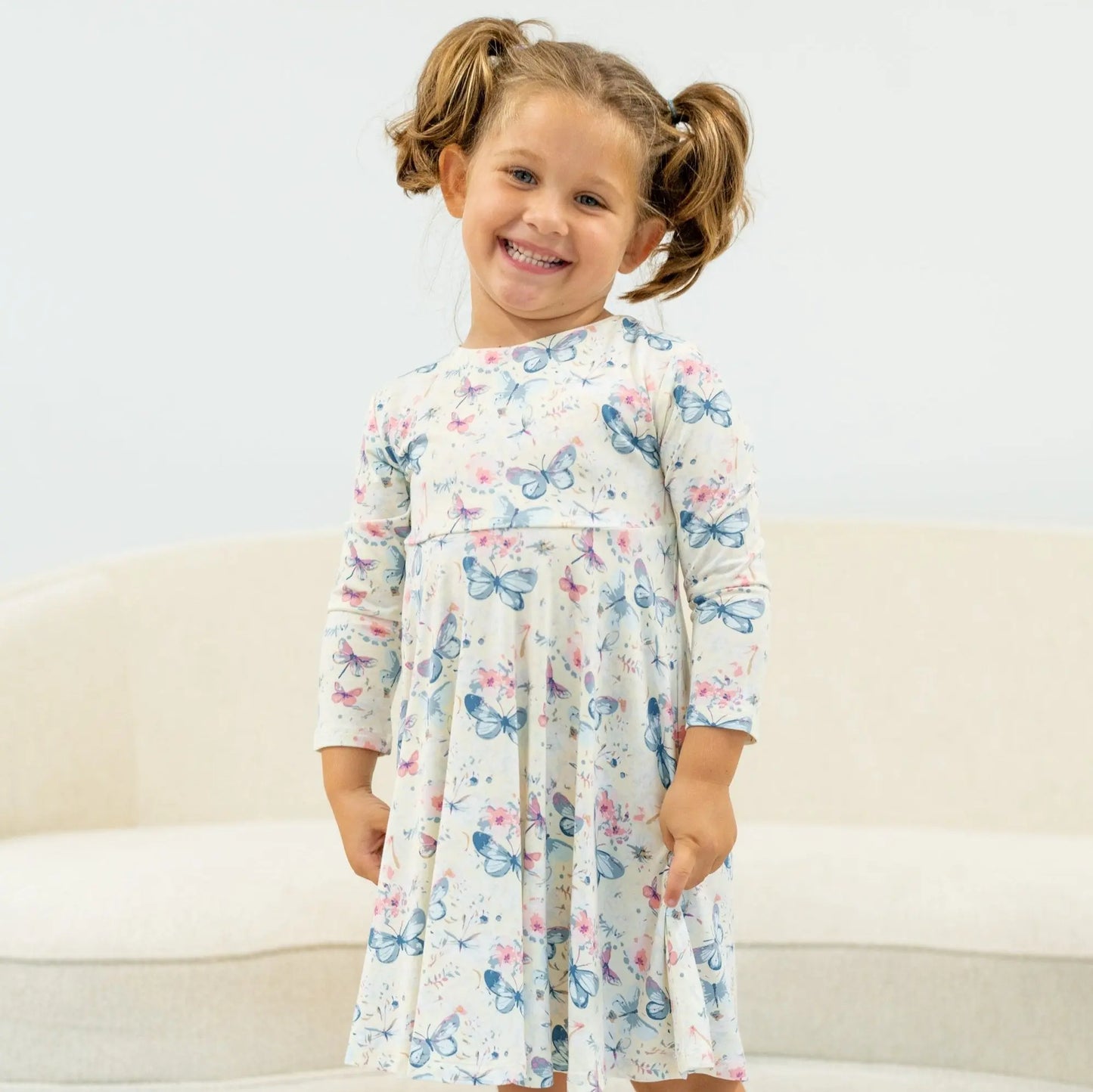 Watercolor Butterfly Swirly Girl Dress Knee Length Long Sleeve Empire Waistline Sweet Bamboo