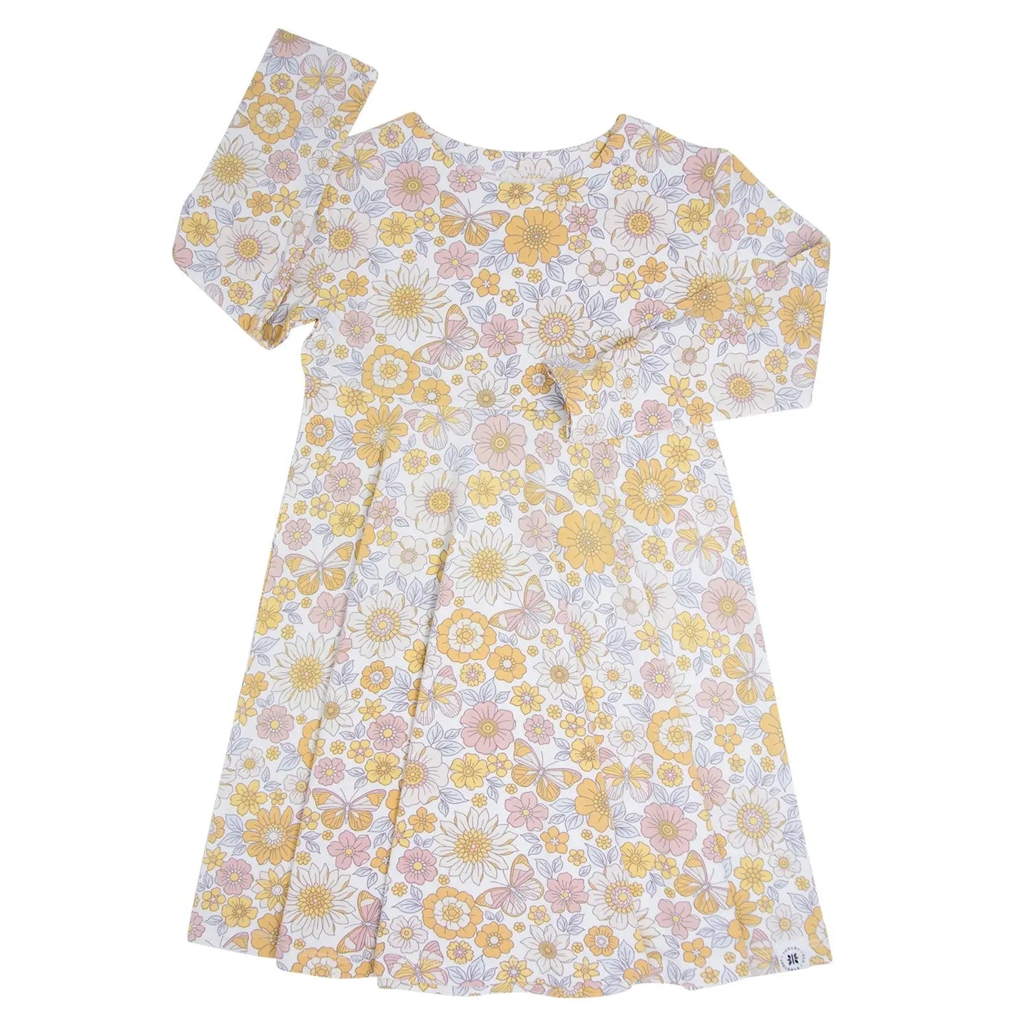 Retro Vintage Floral Swirly Girl Dress Knee Length Long Sleeves Empire Waistline Sweet Bamboo