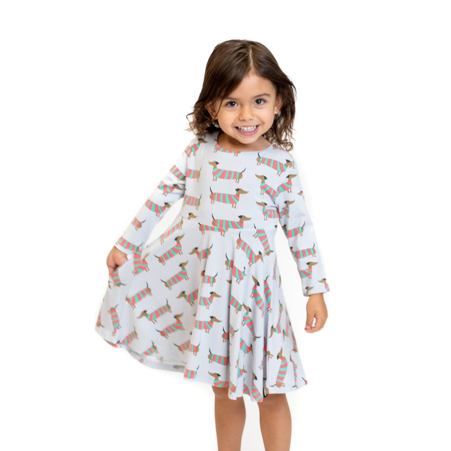 Holiday Hounds Swirly Girl Dress for Puppy Lovers with Long Sleeves and Empire Waistline Sweet Bamboo