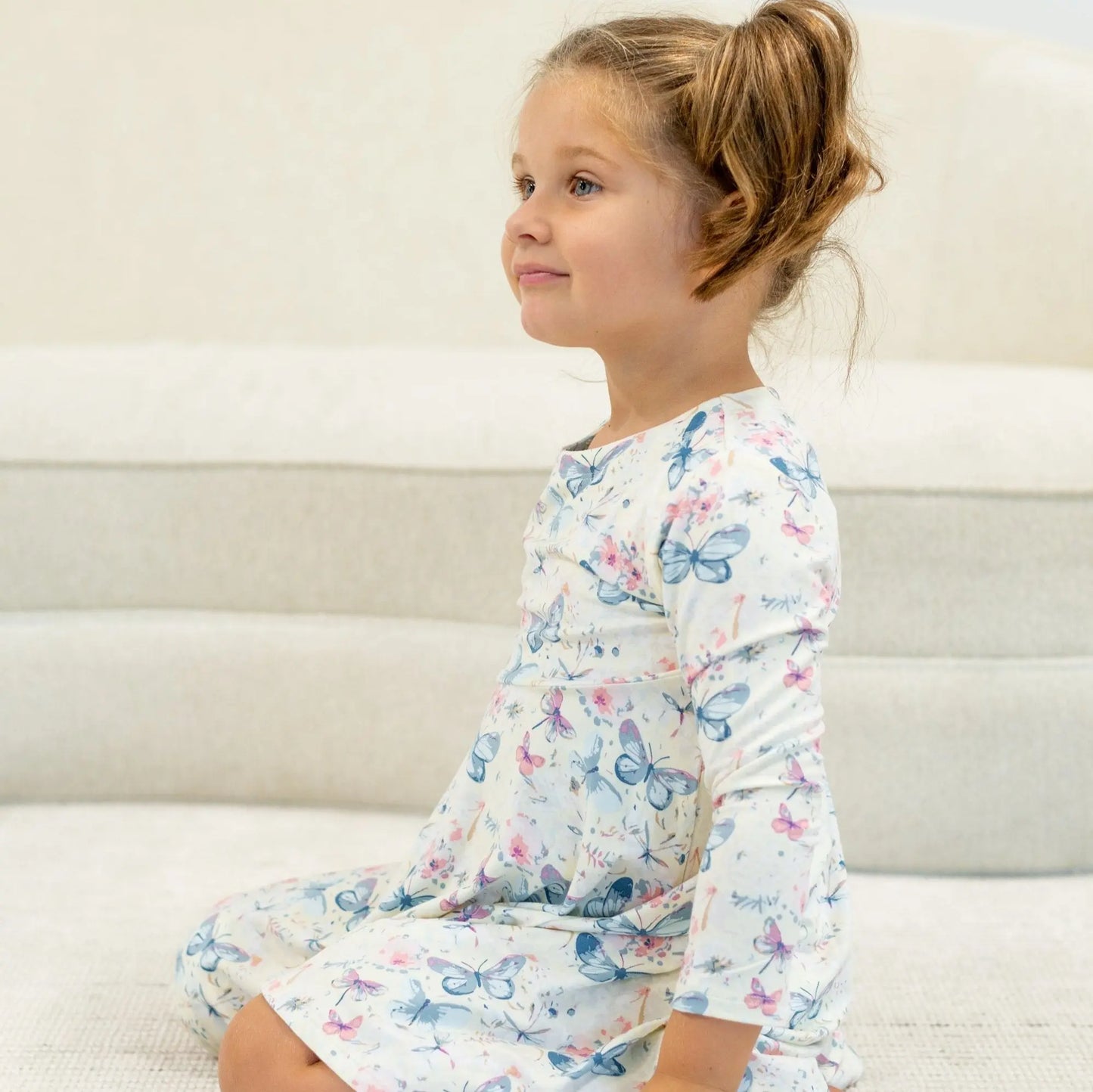 Watercolor Butterfly Swirly Girl Dress Knee Length Long Sleeve Empire Waistline Sweet Bamboo