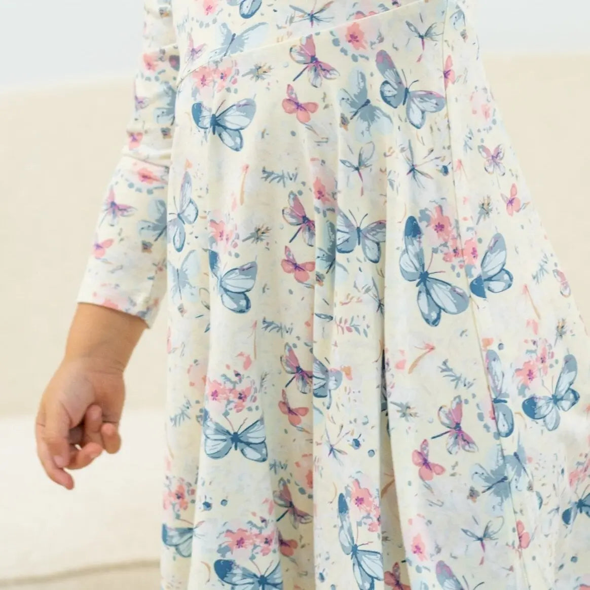 Watercolor Butterfly Swirly Girl Dress Knee Length Long Sleeve Empire Waistline Sweet Bamboo