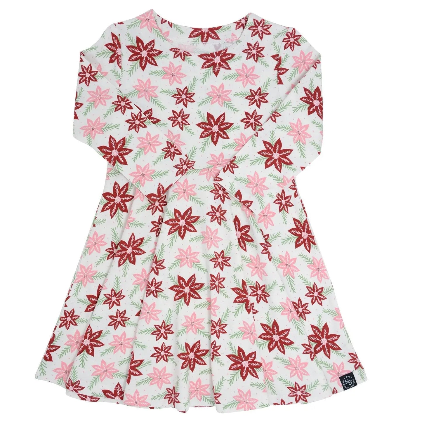 Swirly Girl Holiday Dress With Poinsettia Print Long Sleeve Knee Length Empire Waistline Sweet Bamboo
