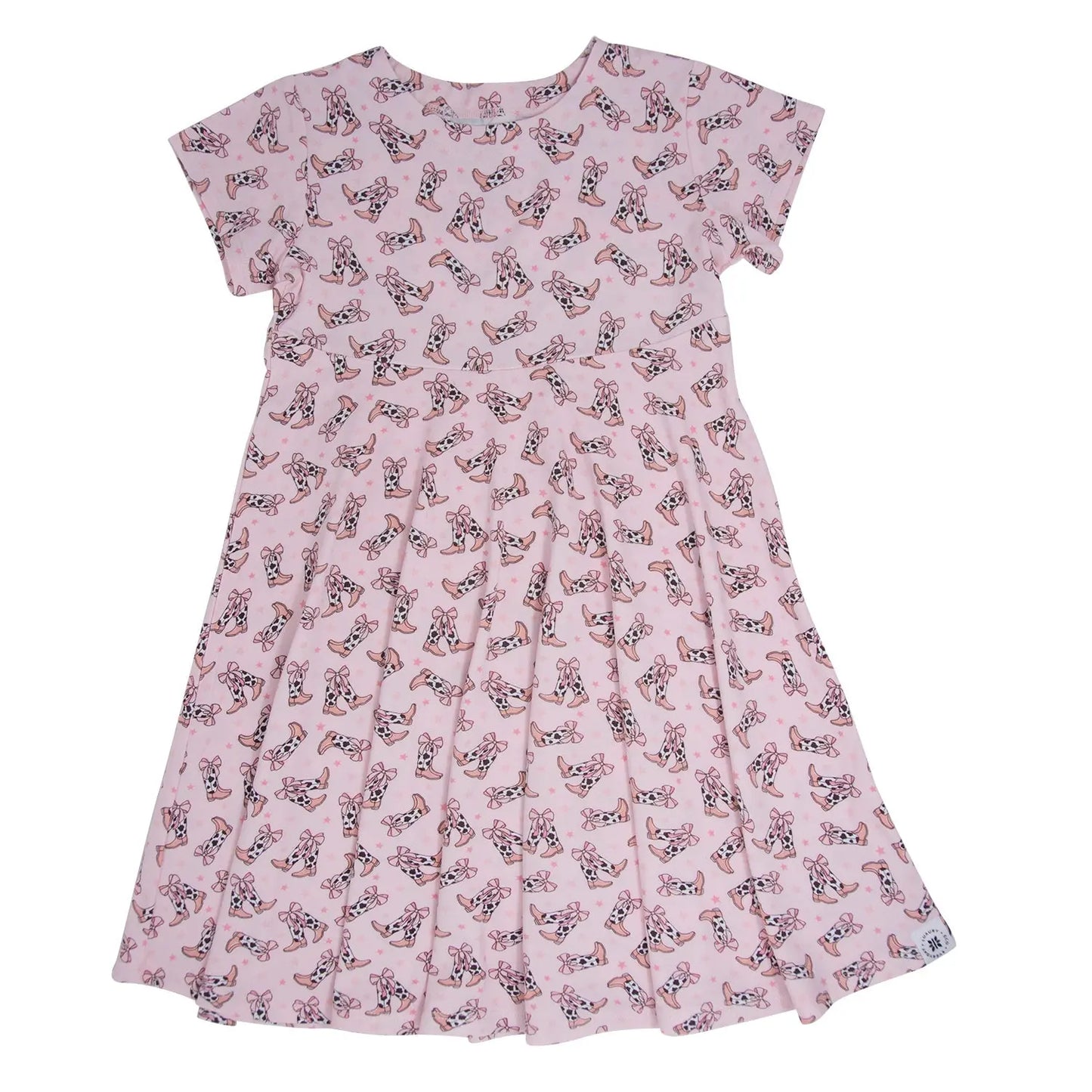 Cowhide Boots Bows Cap Sleeve Swirly Girl Dress Sweet Bamboo