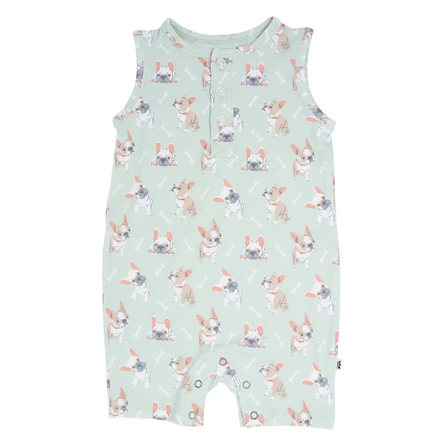 Mint Frenchie Puppy Tank Romper for Kids Summer Wear Sweet Bamboo