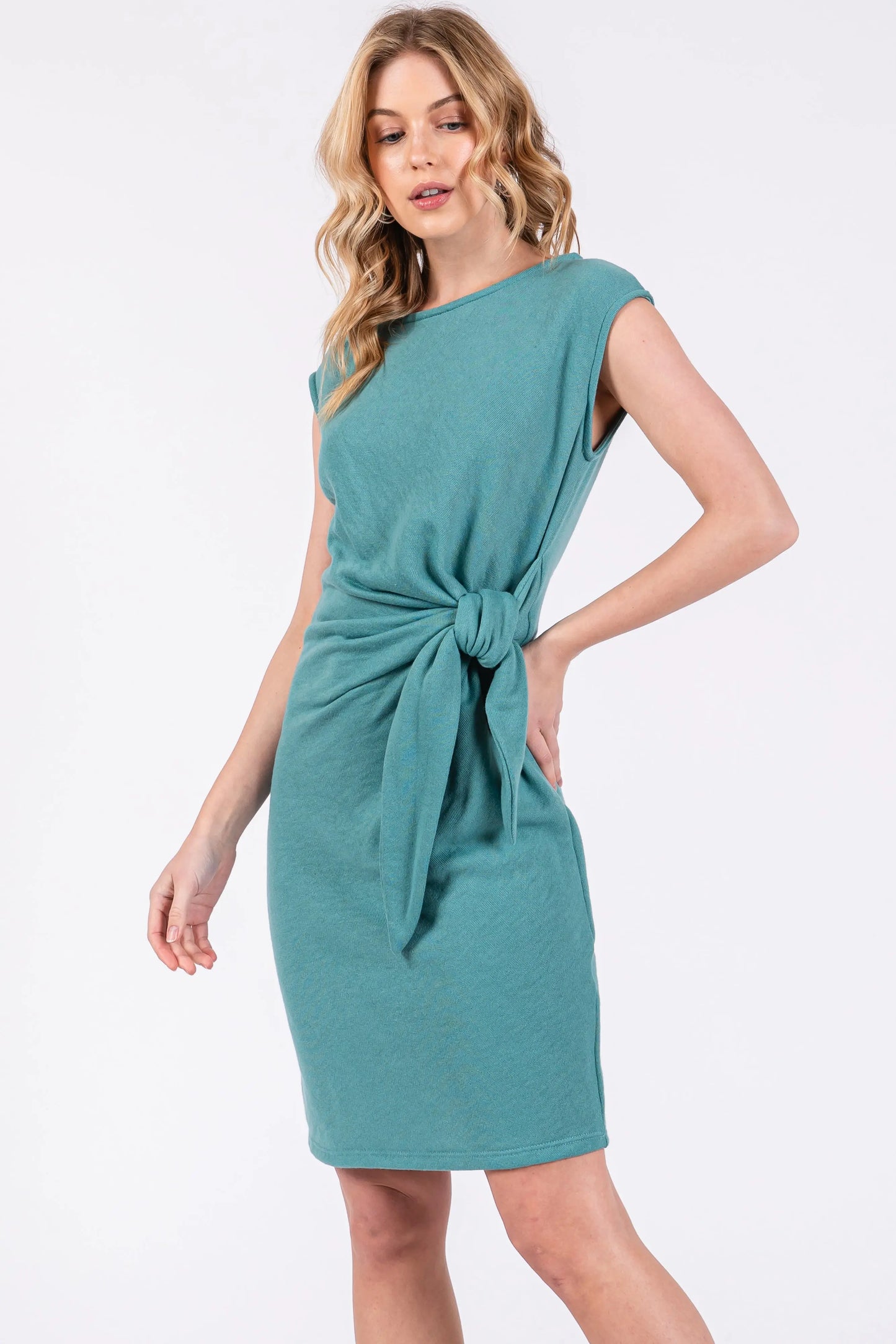 Teal Terry Knit Gathered Waist Dress for Women with Rounded Neckline and Self Tie Detail PinkBlush