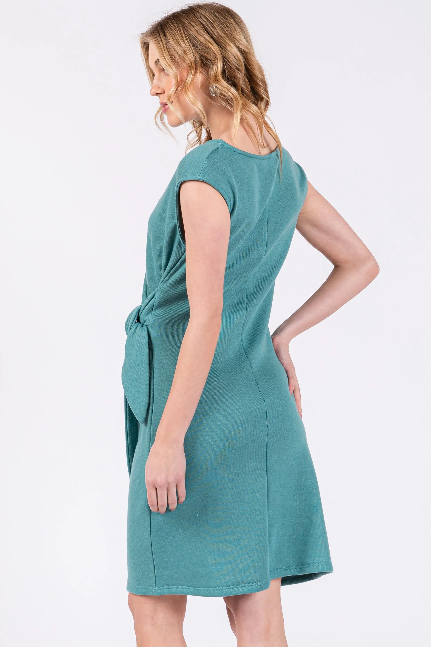 Teal Terry Knit Gathered Waist Dress for Women with Rounded Neckline and Self Tie Detail PinkBlush