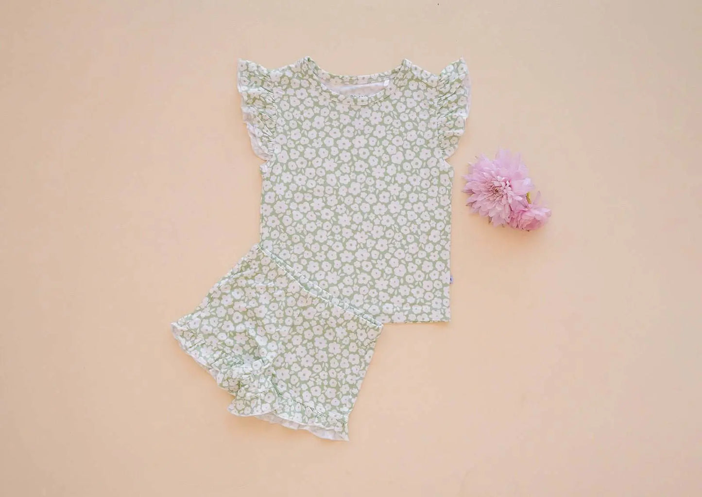 Two Piece Short Set Sage Ditsy Floral Print Ruffle Details Harp Angel Boutique