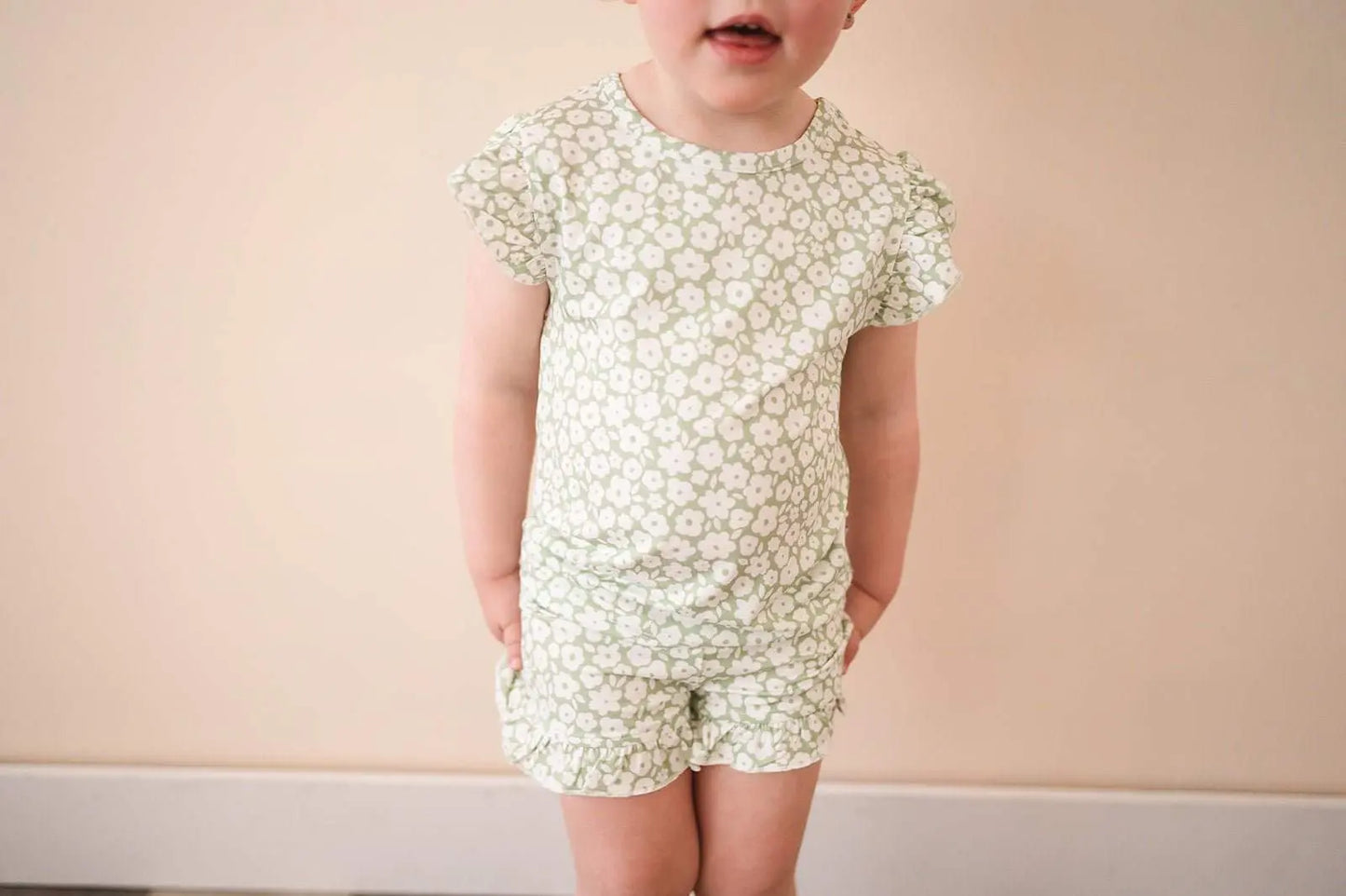 Two Piece Short Set Sage Ditsy Floral Print Ruffle Details Harp Angel Boutique